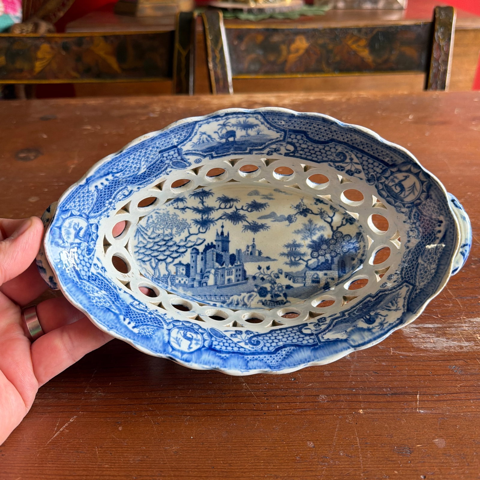 Antique Staffordshire Pearlware Blue Transfer "Gothic Castle" Chestnut Basket, Attributed to Spode, - 12