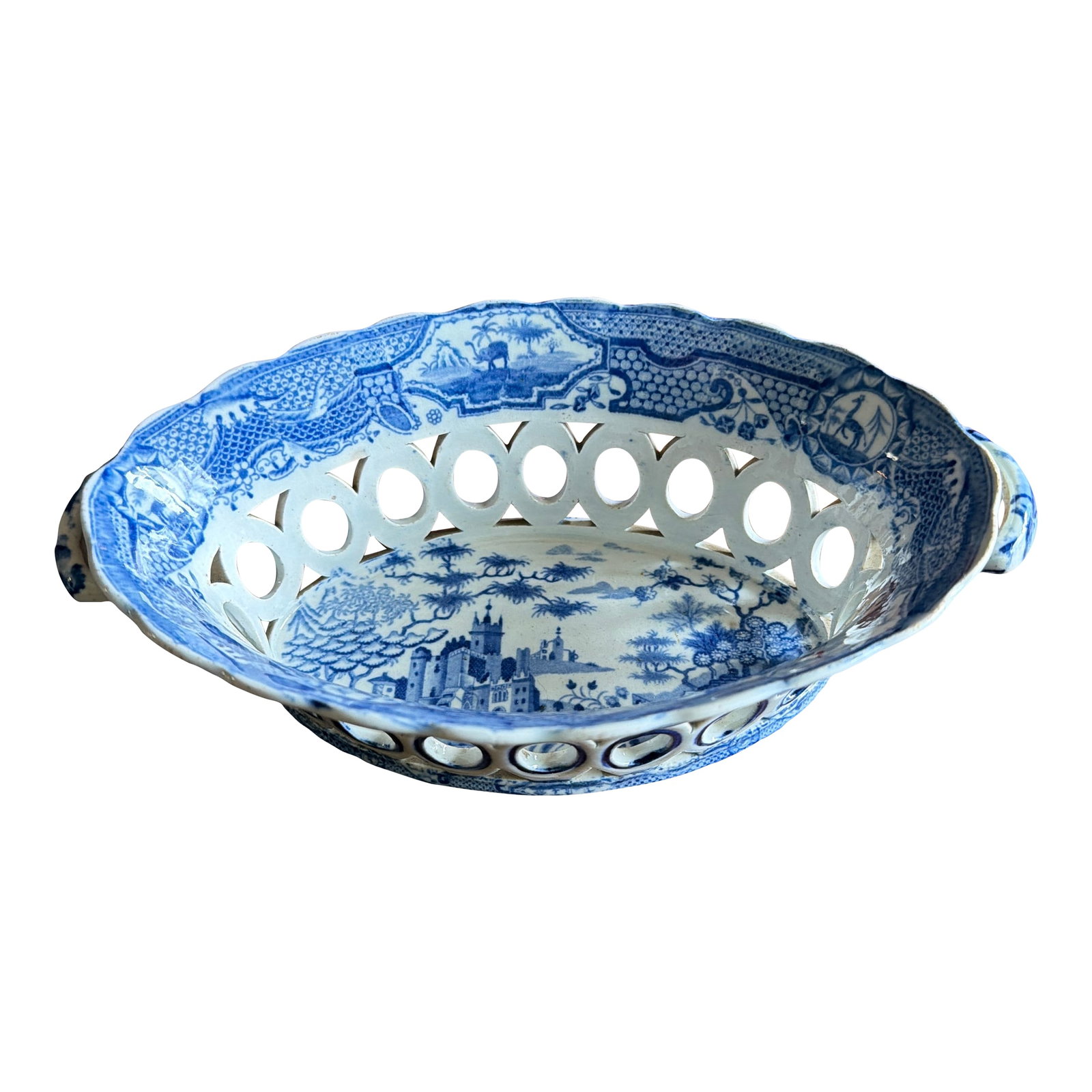 Antique Staffordshire Pearlware Blue Transfer "Gothic Castle" Chestnut Basket, Attributed to Spode, (1 of 12)