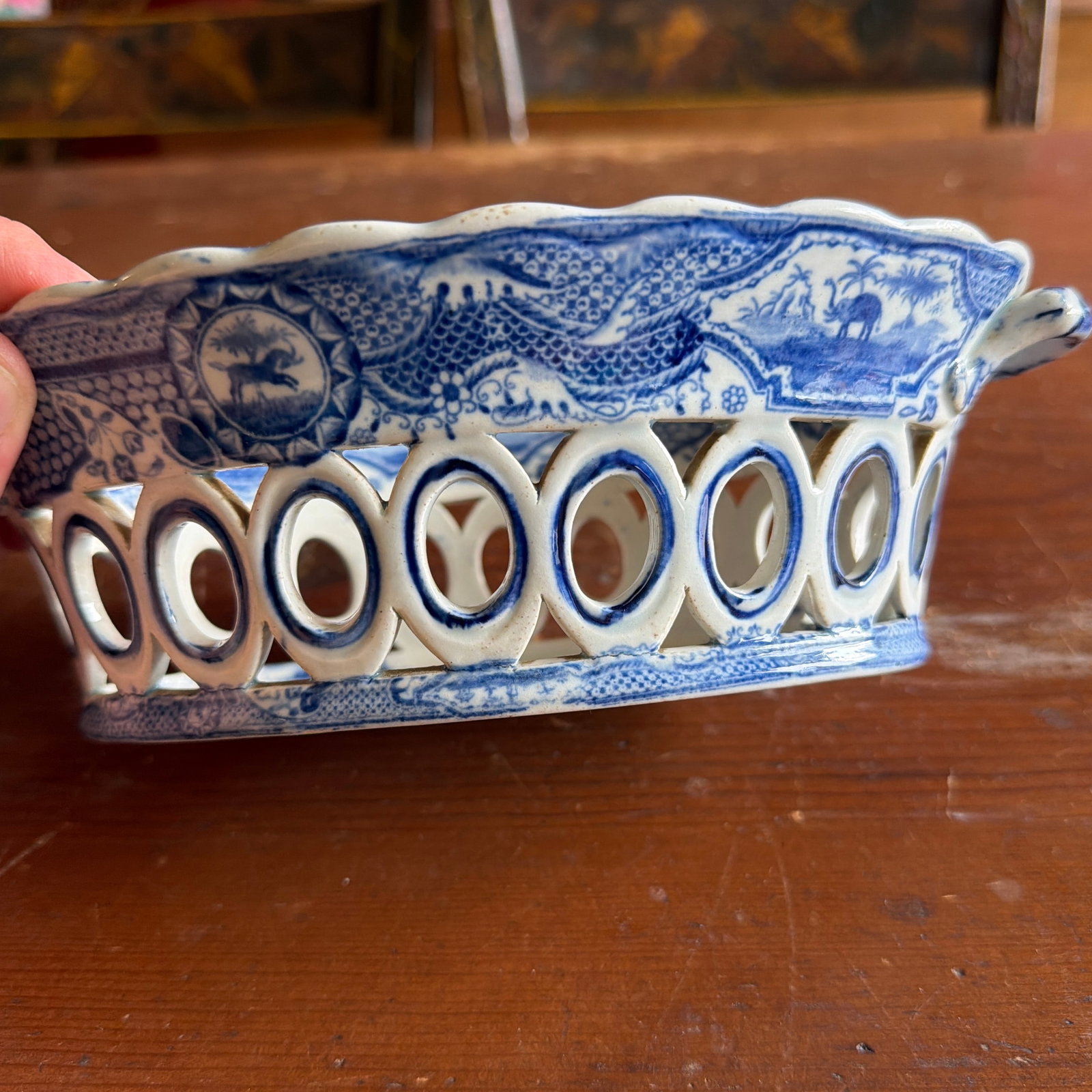 Antique Staffordshire Pearlware Blue Transfer "Gothic Castle" Chestnut Basket, Attributed to Spode, - 4