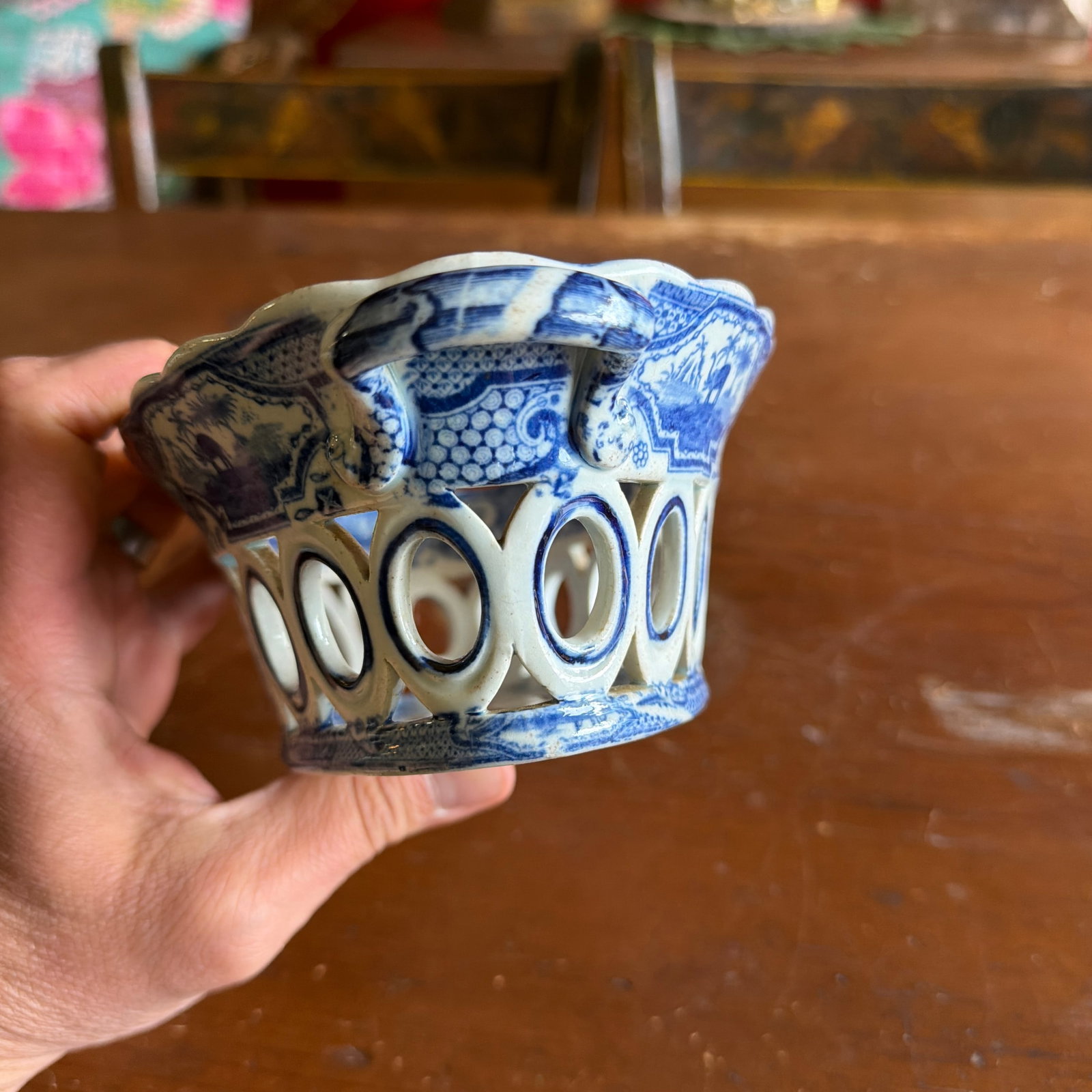Antique Staffordshire Pearlware Blue Transfer "Gothic Castle" Chestnut Basket, Attributed to Spode, - 5