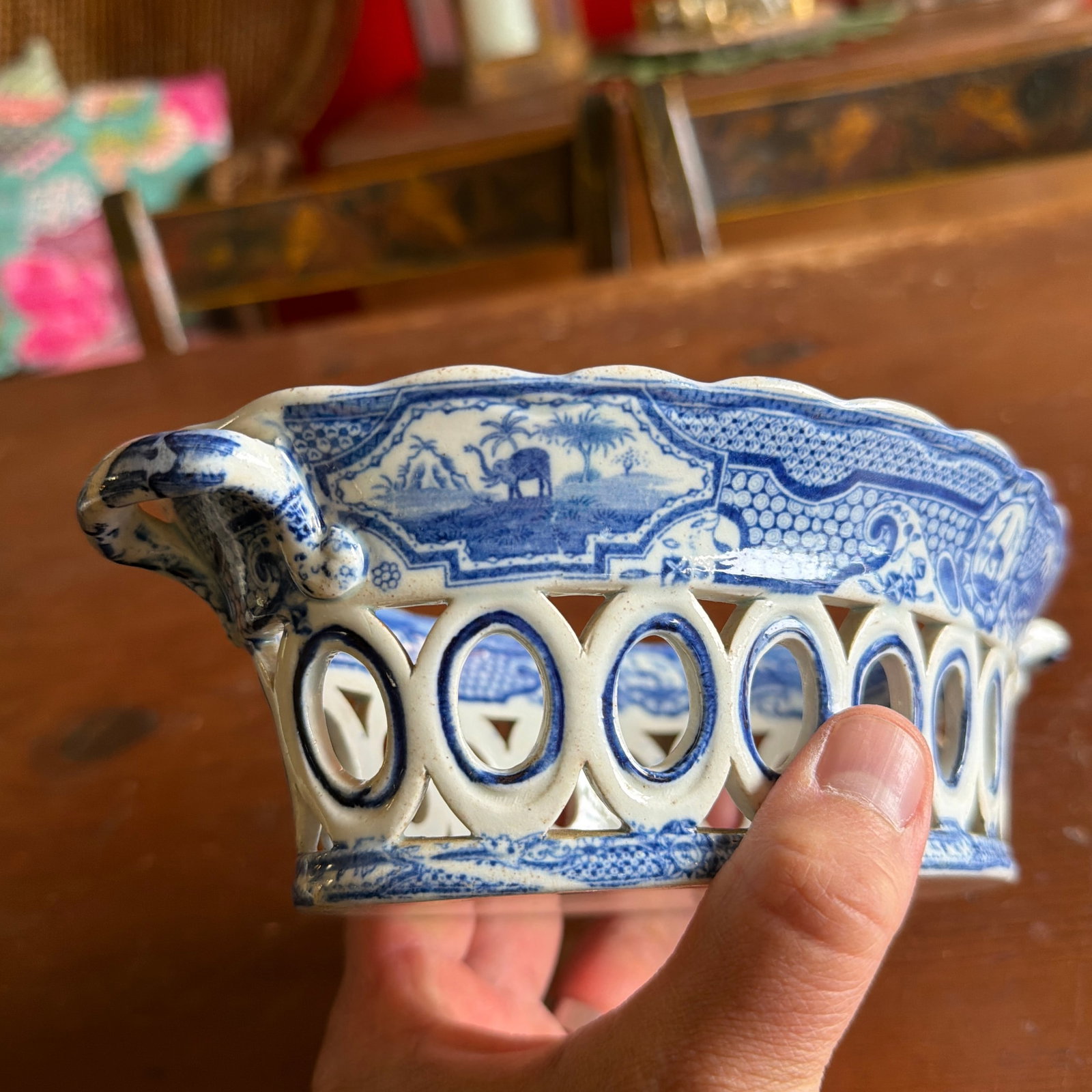 Antique Staffordshire Pearlware Blue Transfer "Gothic Castle" Chestnut Basket, Attributed to Spode, - 7