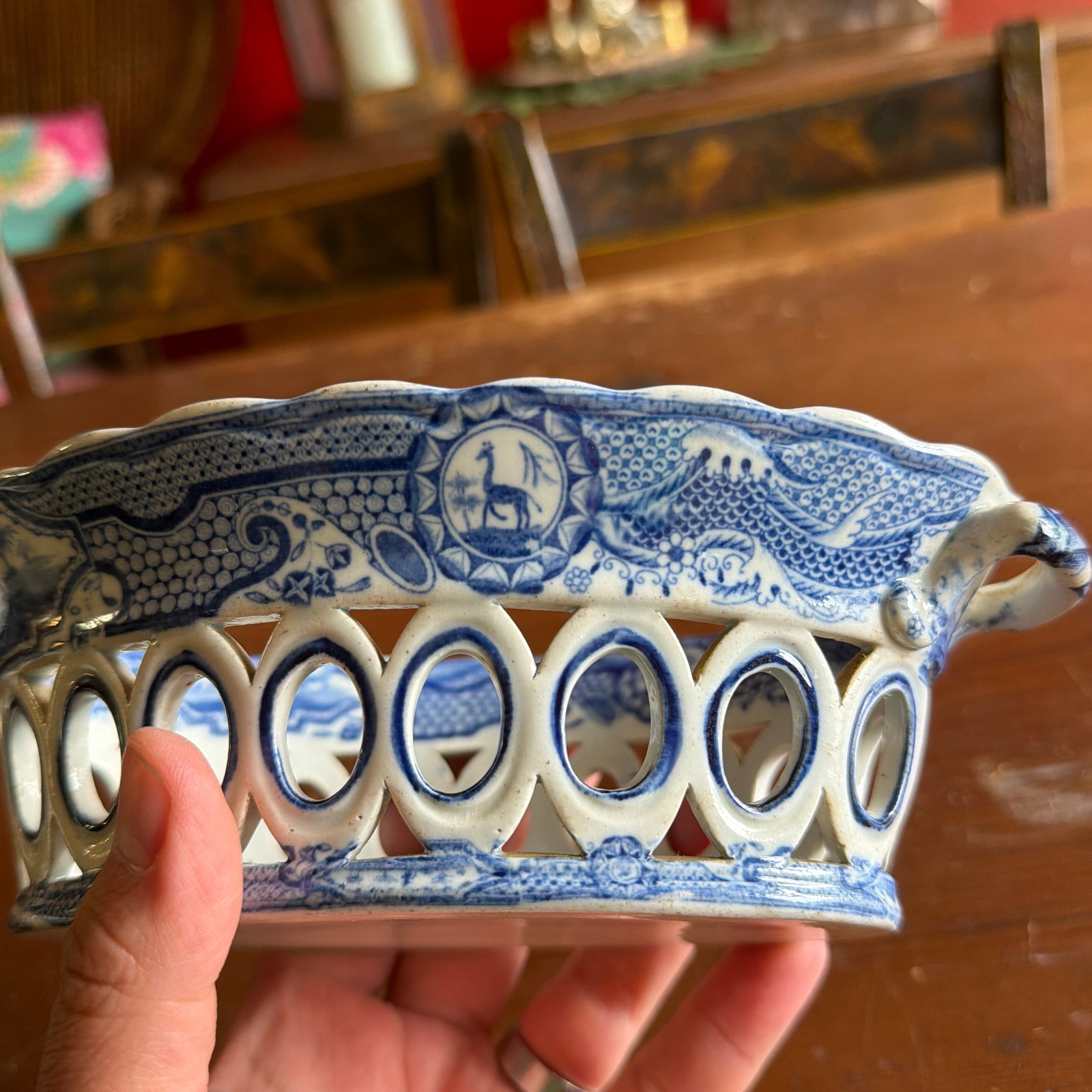 Antique Staffordshire Pearlware Blue Transfer "Gothic Castle" Chestnut Basket, Attributed to Spode, - 8