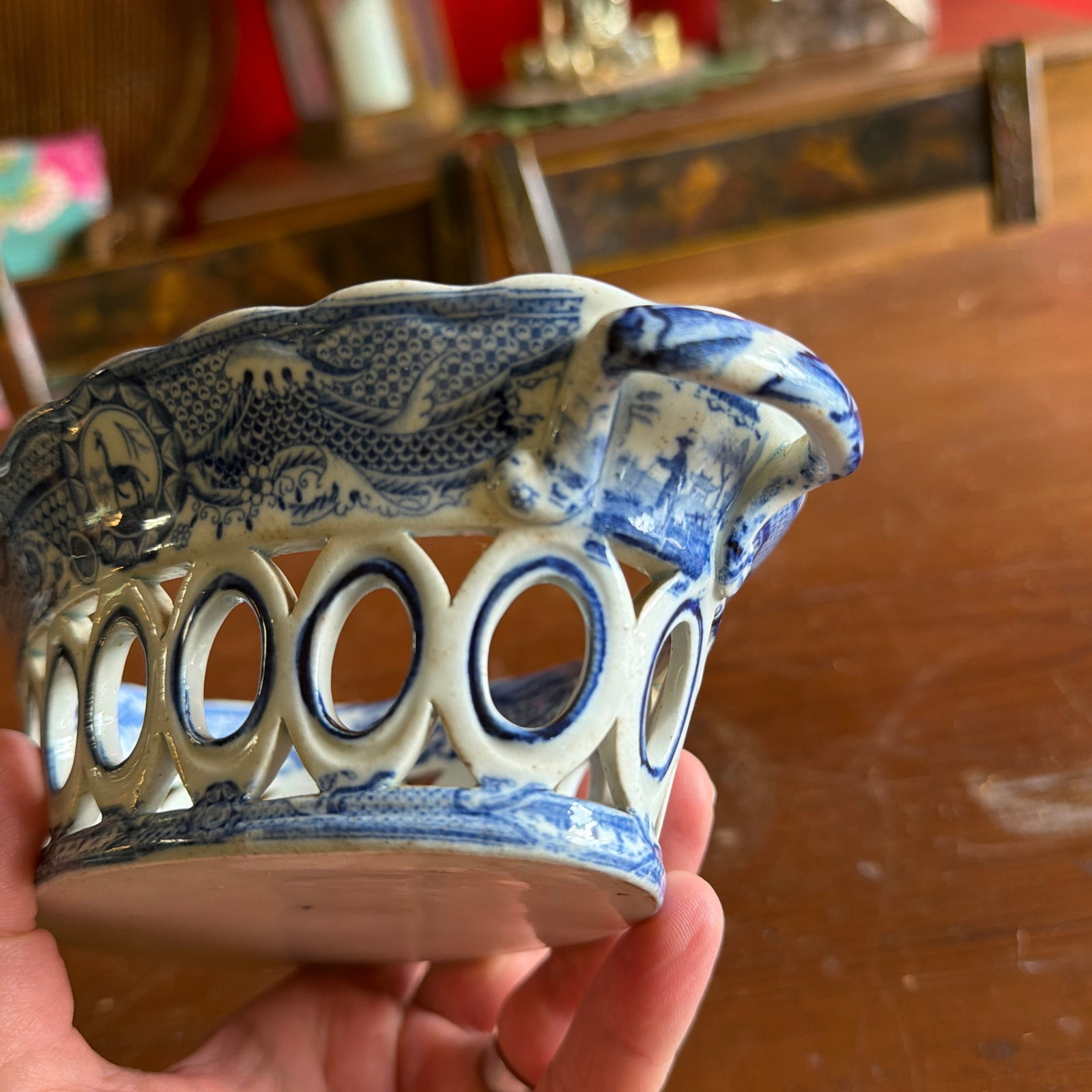 Antique Staffordshire Pearlware Blue Transfer "Gothic Castle" Chestnut Basket, Attributed to Spode, - 9