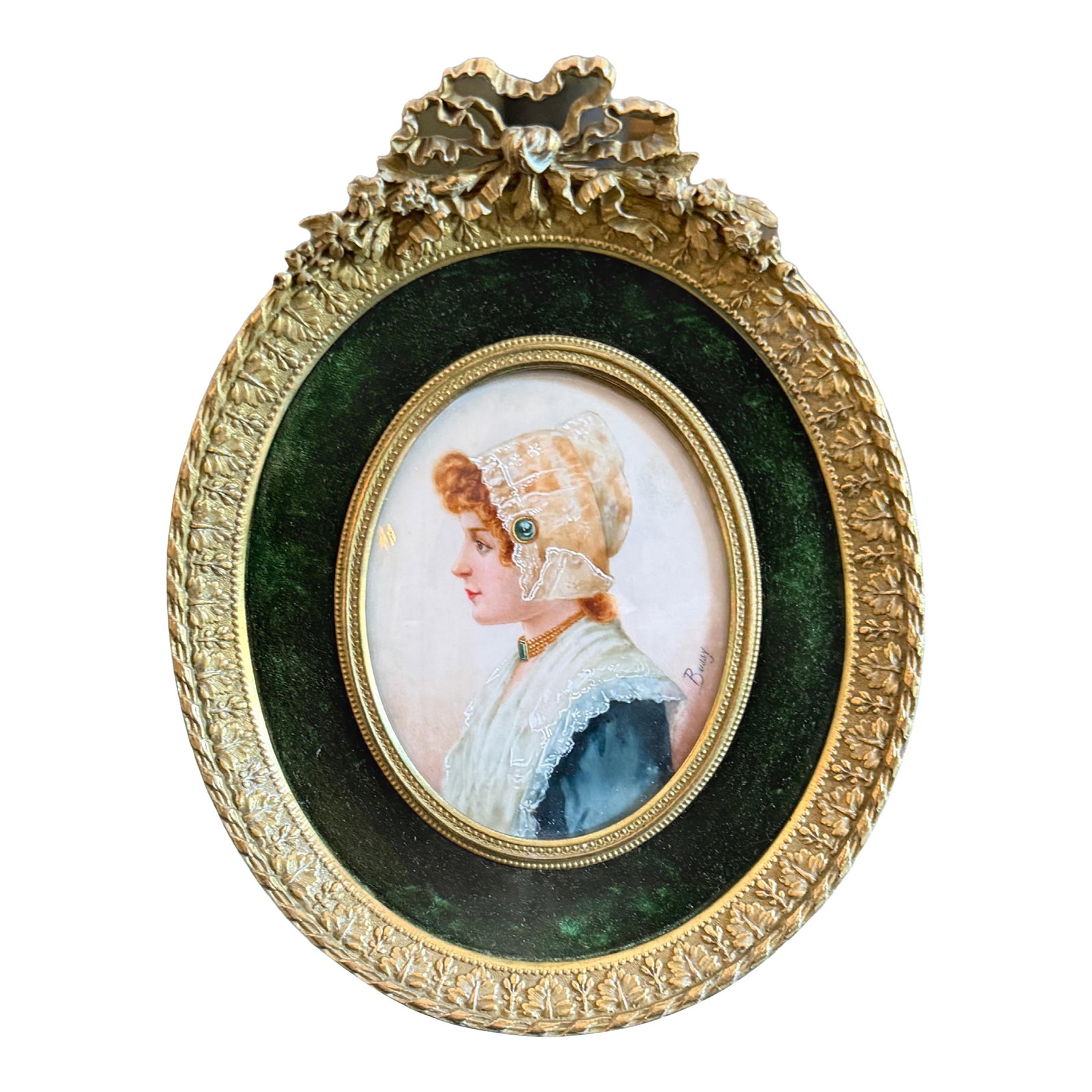 Late 19th Century Rare Signed Antique French Louis XVI Style Miniature Portrait in Ormolu Frame Sign: A stunning late 19th-century miniature portrait of a young woman in profile, elegantly housed in an ornate Louis XVI style gilt frame. The subject is depicted in a delicate lace cap with a green