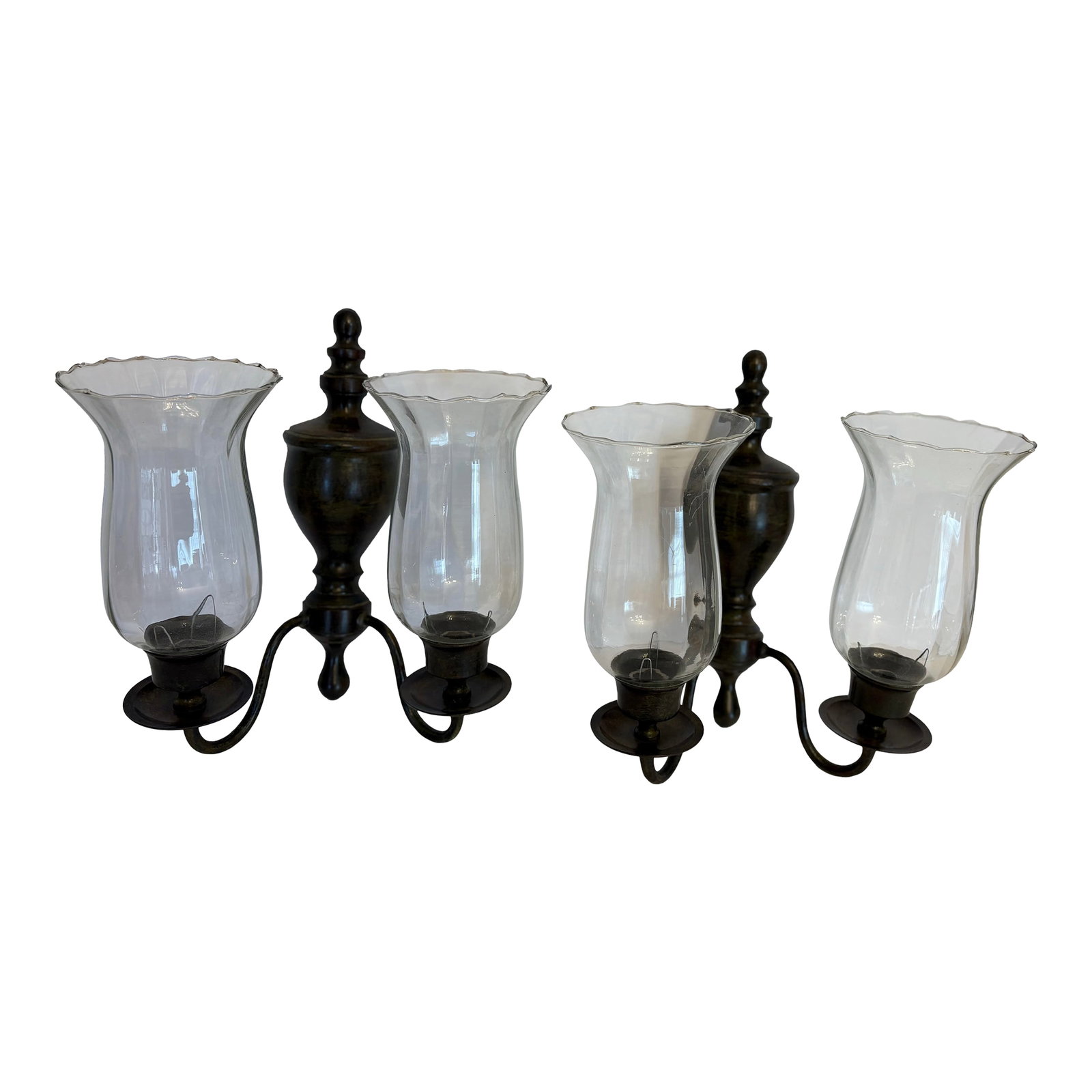 1970s Double Arm Brass Wall Sconces W/Hurricane Glass - A Pair: This vintage wall sconce with hurricane glass shades is a modern reporoduction by the Gatco Company which is recognizable of the Gothic period that was seen in many homes to light the passage ways in