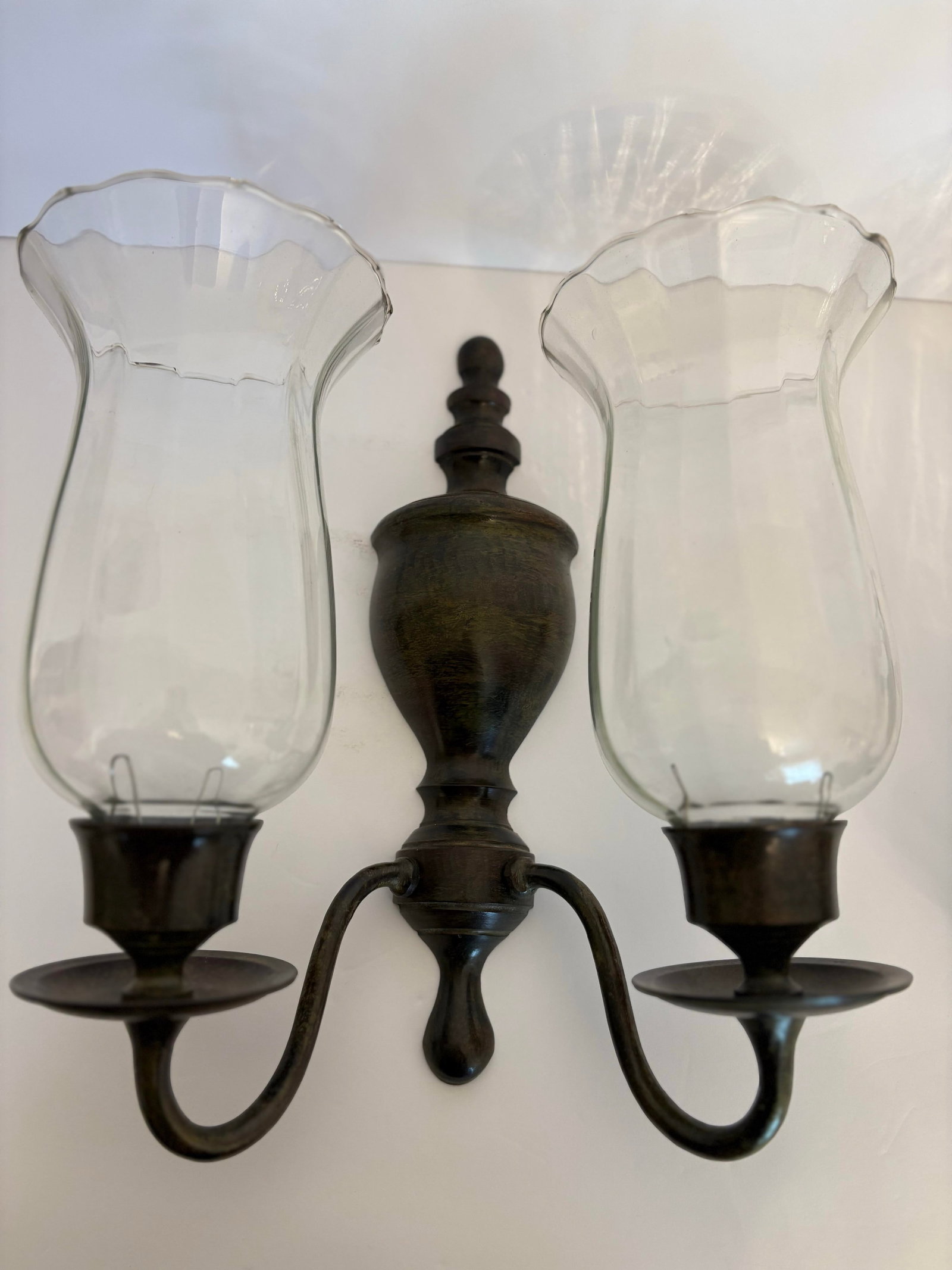 1970s Double Arm Brass Wall Sconces W/Hurricane Glass - A Pair - 2