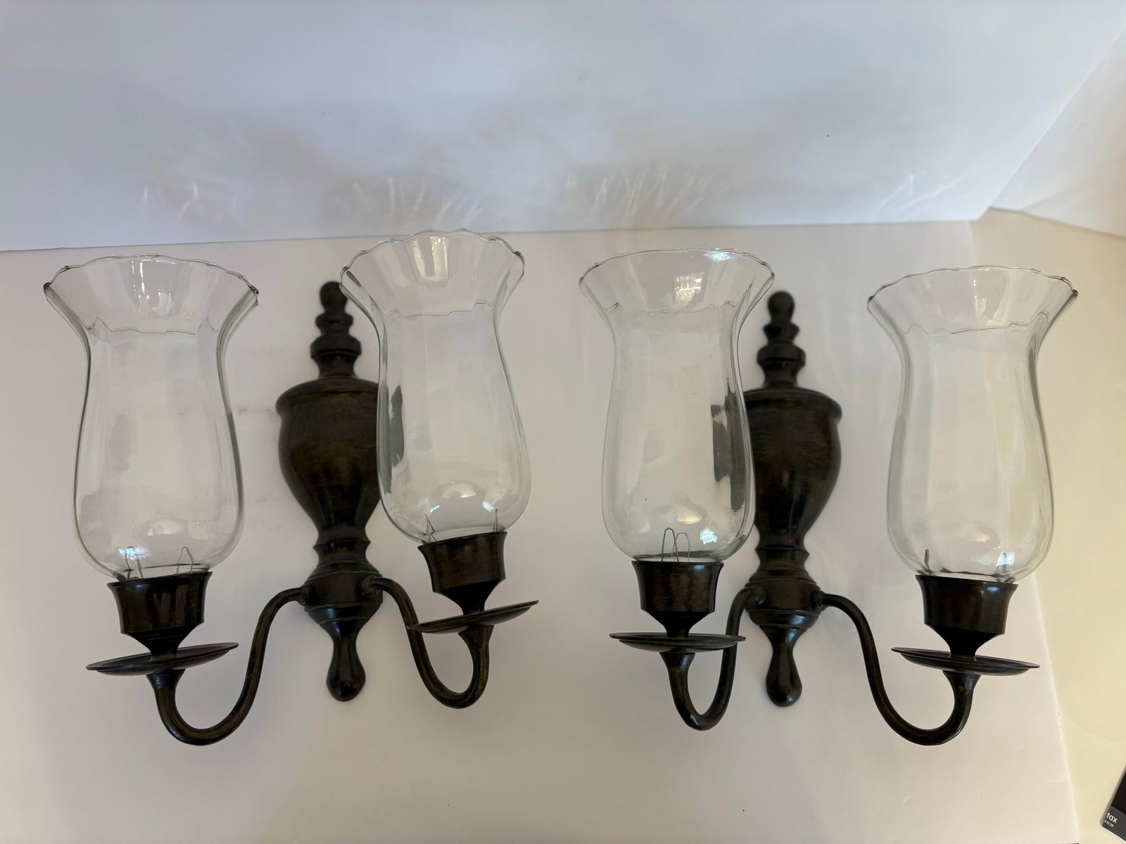 1970s Double Arm Brass Wall Sconces W/Hurricane Glass - A Pair - 6