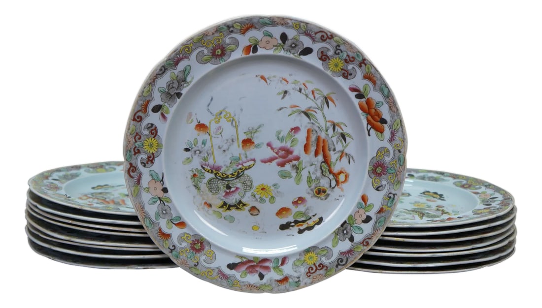 Antique Stephan Folch Ironstone Imari Bamboo & Basket China Dinner Plates - Set of 16 (1 of 12)