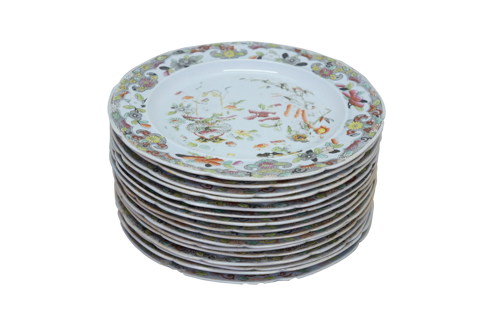 Antique Stephan Folch Ironstone Imari Bamboo & Basket China Dinner Plates - Set of 16 - 3