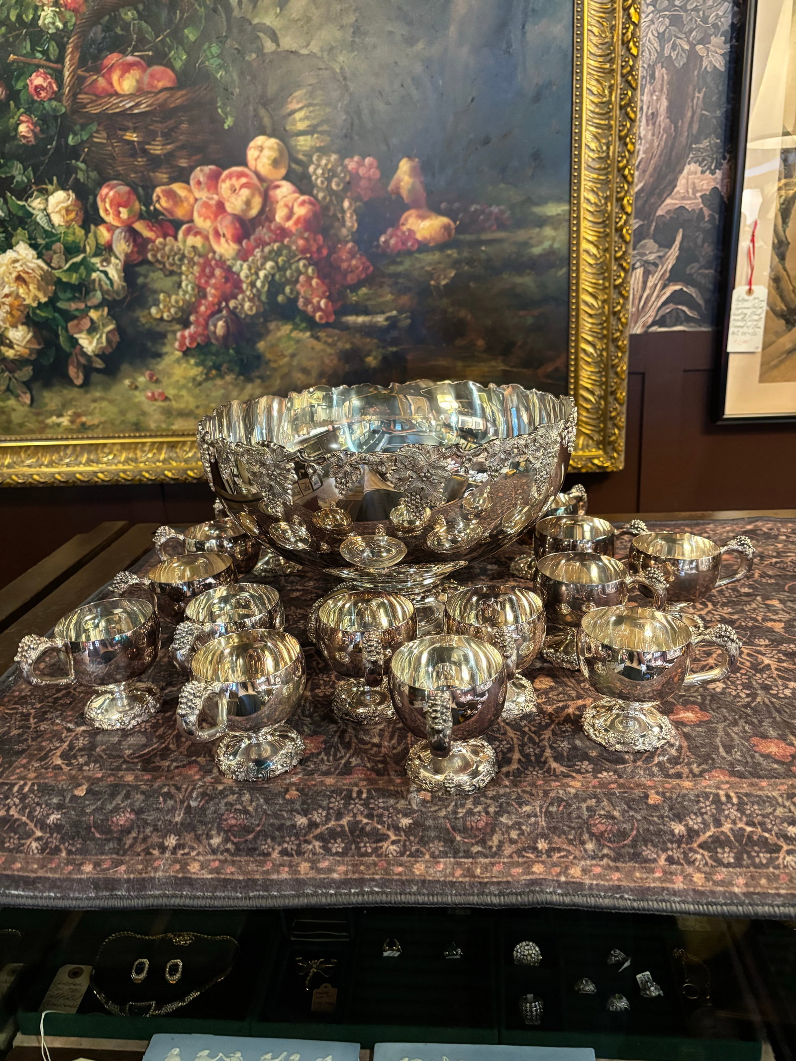 Vintage Webster Wilcox Silver Plate Punch Bowl Set, 16-Piece Grapevine Pattern, Large Bowl + 15 Cups - 2
