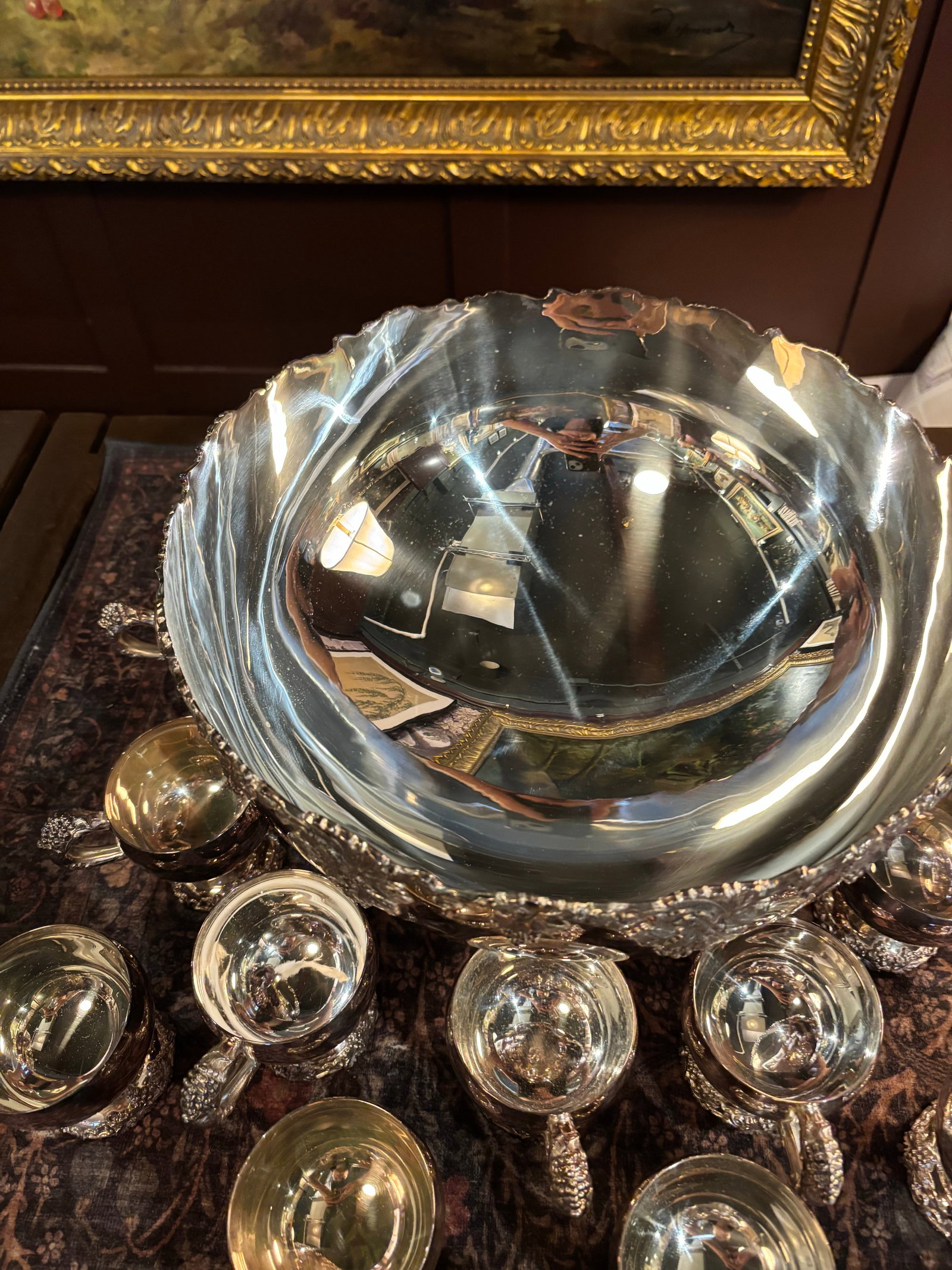 Vintage Webster Wilcox Silver Plate Punch Bowl Set, 16-Piece Grapevine Pattern, Large Bowl + 15 Cups - 3
