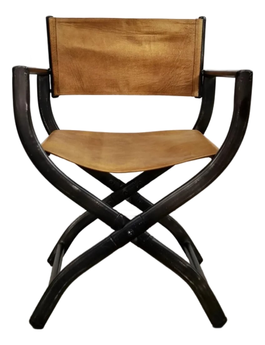 Restoration Hardware French Leather Director's Armchair: Restoration Hardware dining chair for sale. These were a special edition of the 1970's French director's chairs, and is in excellent condition. It has leather slings in a chestnut tone, and has a