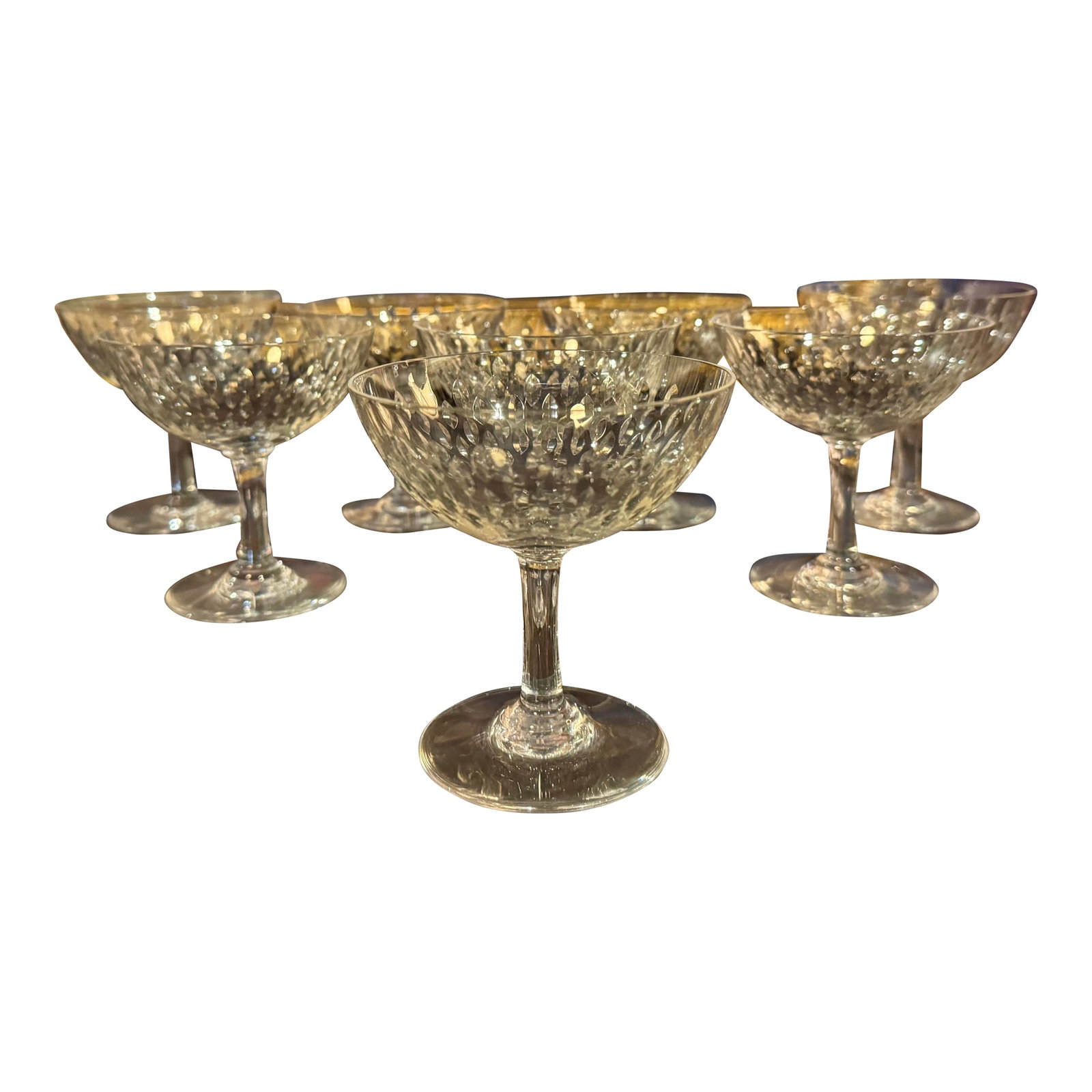 Antique Baccarat Crystal Sherbet / Coupe Glasses – Set of 8, Cut Crystal Dessert Stems, 4": A beautiful set of eight antique Baccarat crystal sherbet or coupe glasses, featuring a classic cut pattern of elongated ovals and diamond facets that catch the light effortlessly. Elegant and