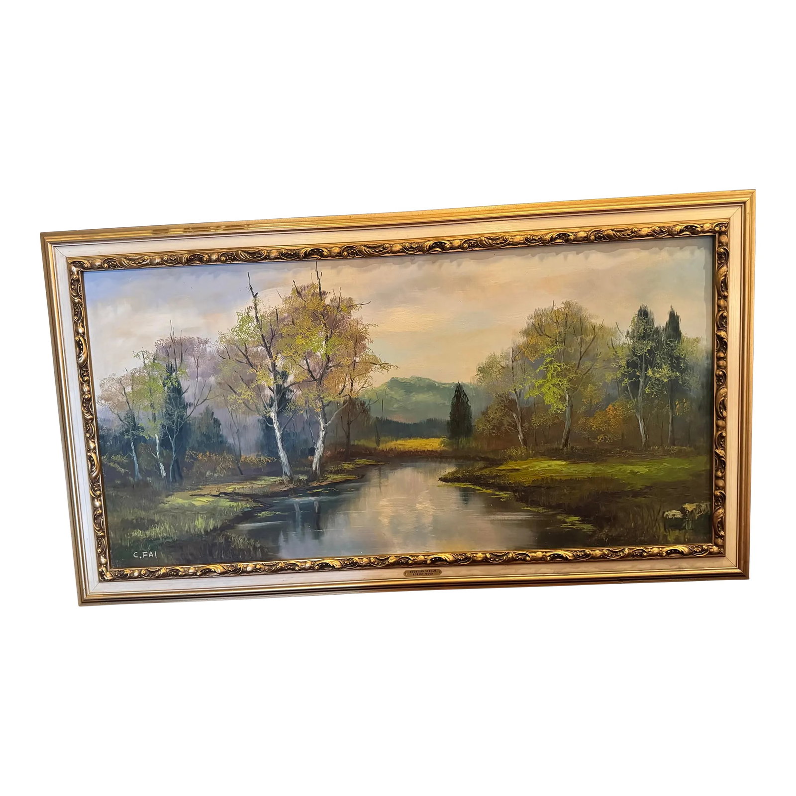 Vintage Mid-Century Landscape Oil Painting on Board, Signed "C. Fai" – Framed River Scene, 195: A beautifully atmospheric mid-century landscape oil painting, executed on board and presented in a decorative gilt frame. This piece captures a quiet river winding through a softly lit woodland, with