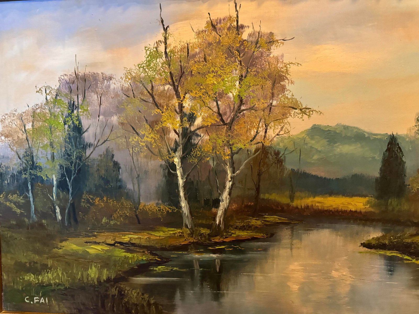 Vintage Mid-Century Landscape Oil Painting on Board, Signed "C. Fai" – Framed River Scene, 195 - 2