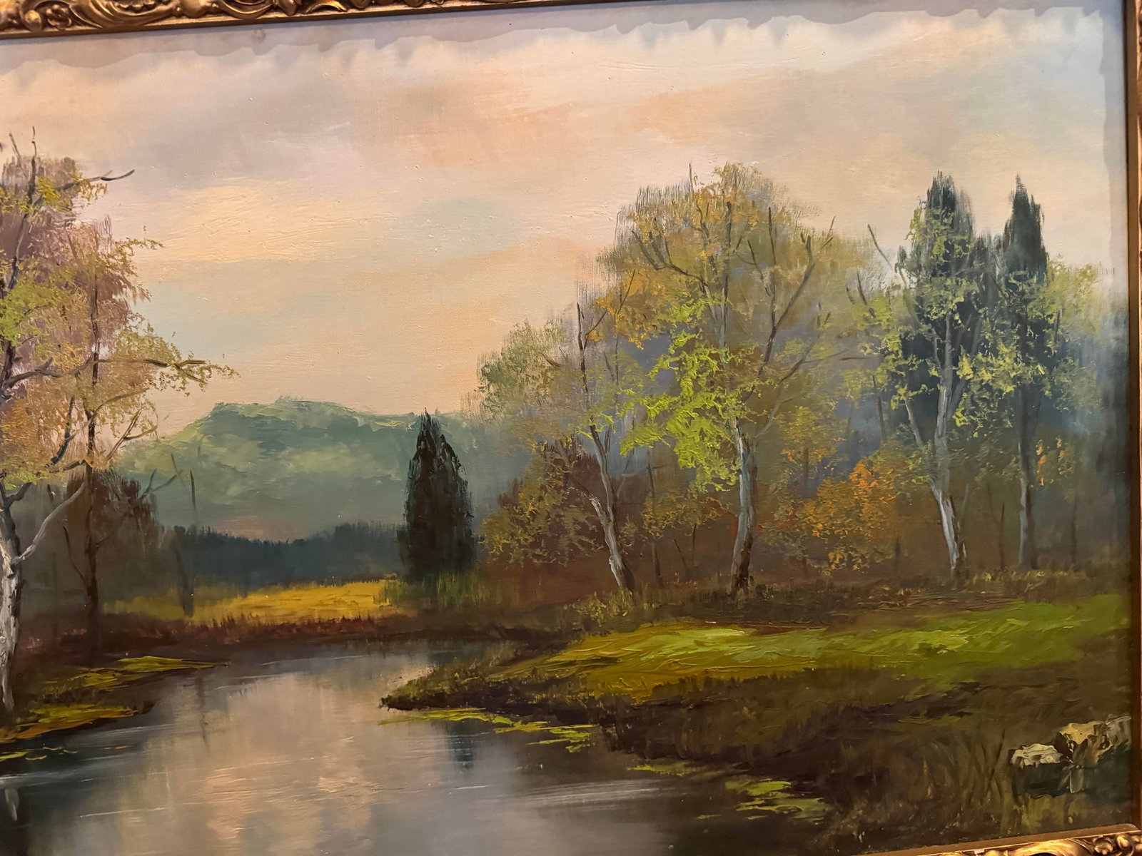 Vintage Mid-Century Landscape Oil Painting on Board, Signed "C. Fai" – Framed River Scene, 195 - 5