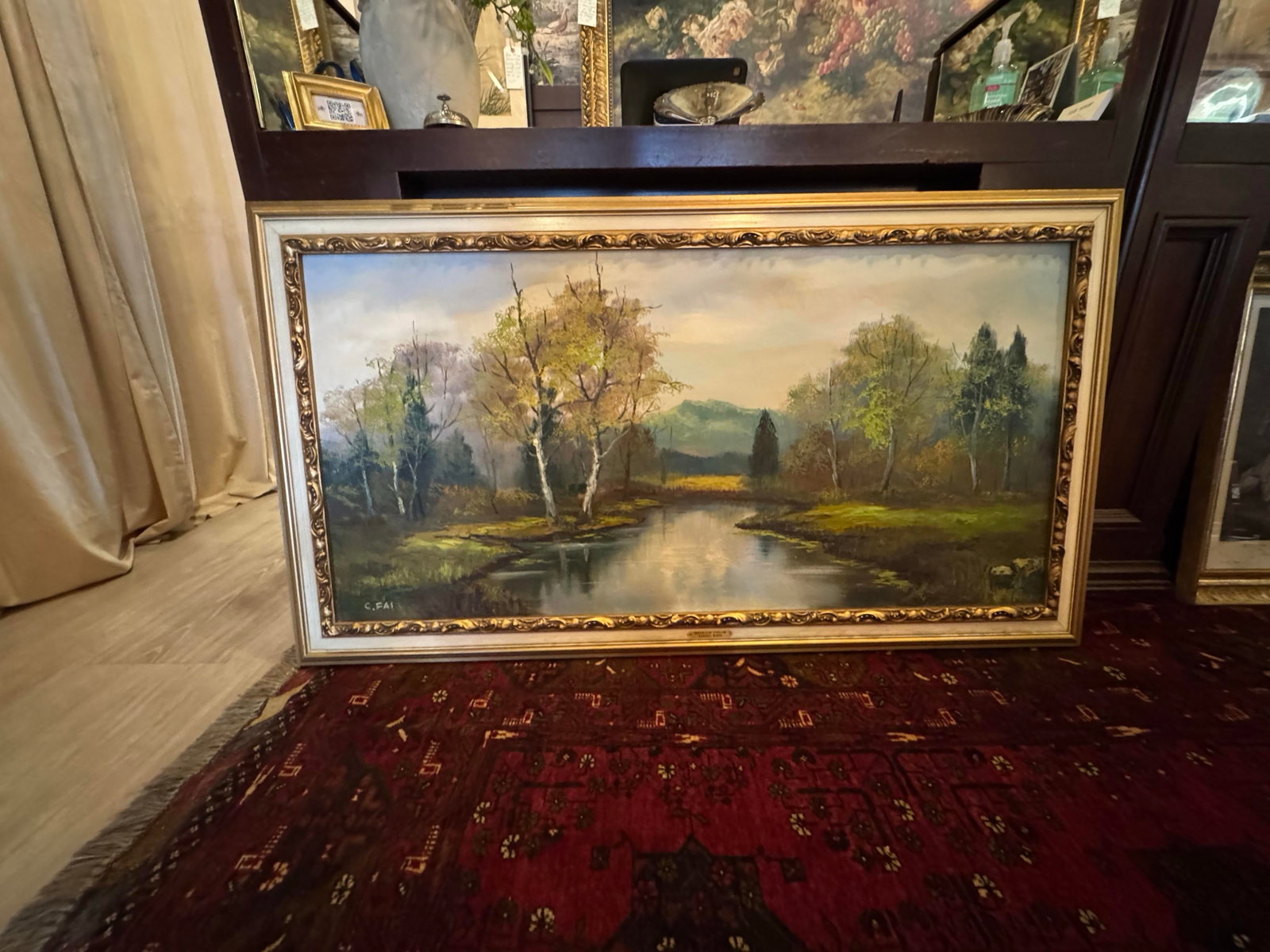 Vintage Mid-Century Landscape Oil Painting on Board, Signed "C. Fai" – Framed River Scene, 195 - 6
