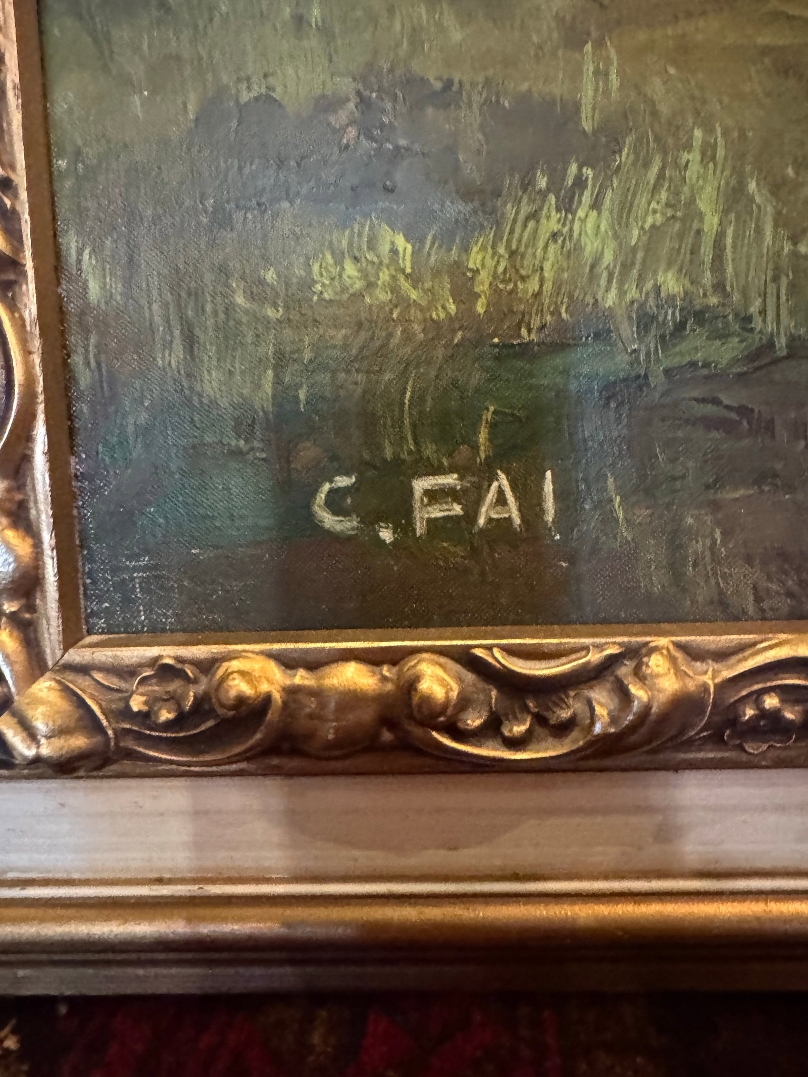 Vintage Mid-Century Landscape Oil Painting on Board, Signed "C. Fai" – Framed River Scene, 195 - 7
