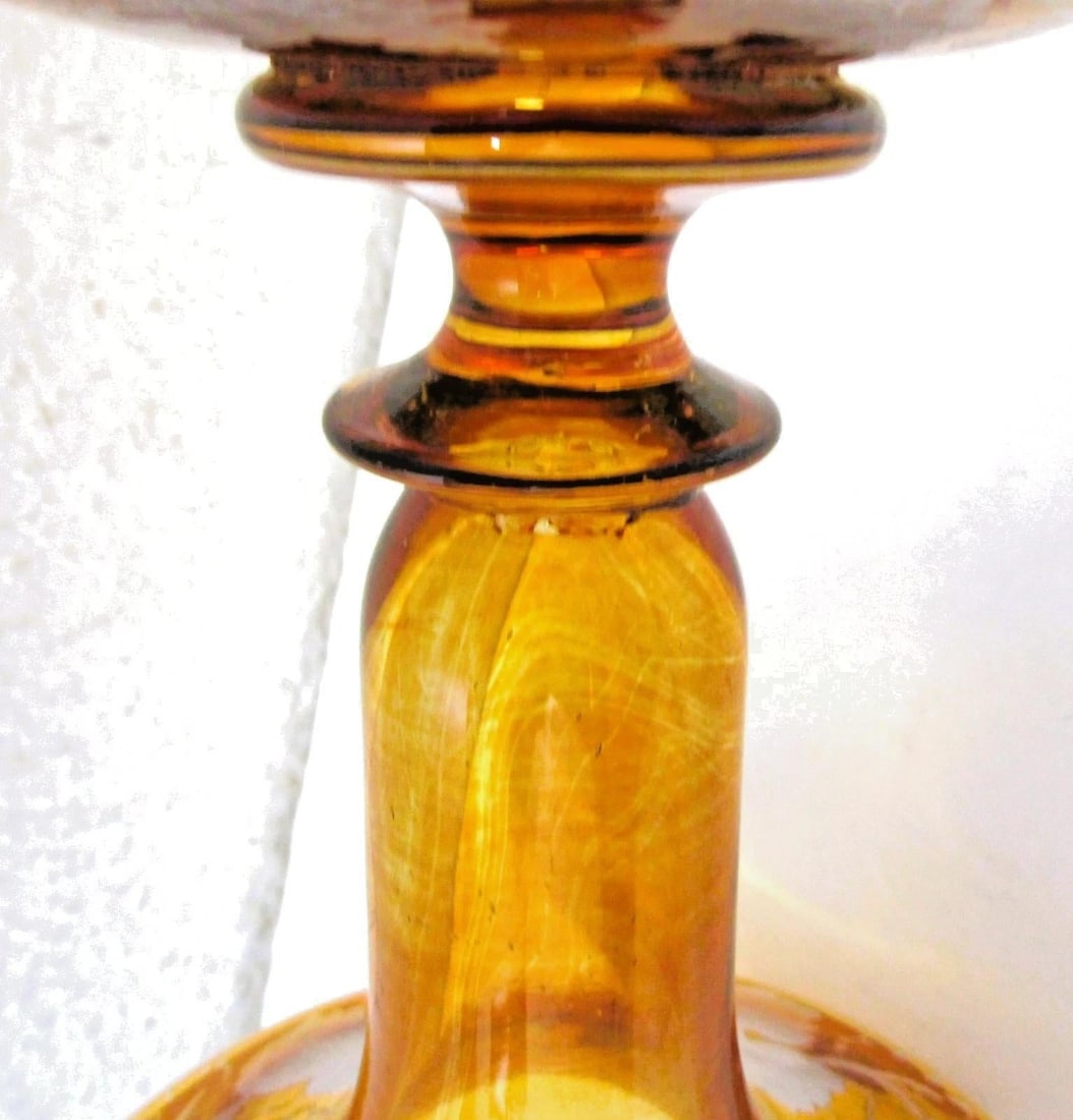 Mid 19th Century Bohemian Amber Compote Cut Crystal Engraved Country Scene of Deer - 10