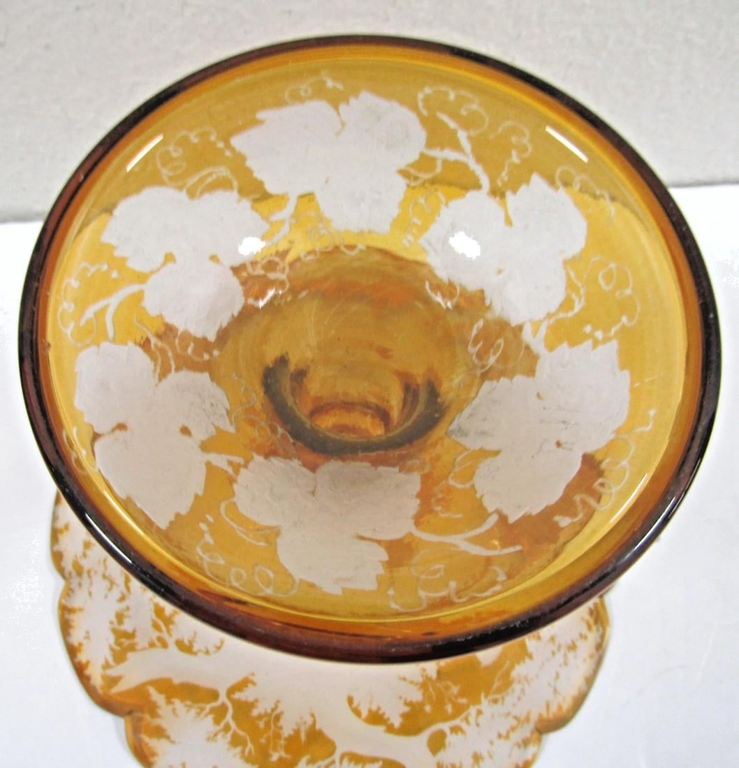 Mid 19th Century Bohemian Amber Compote Cut Crystal Engraved Country Scene of Deer - 12