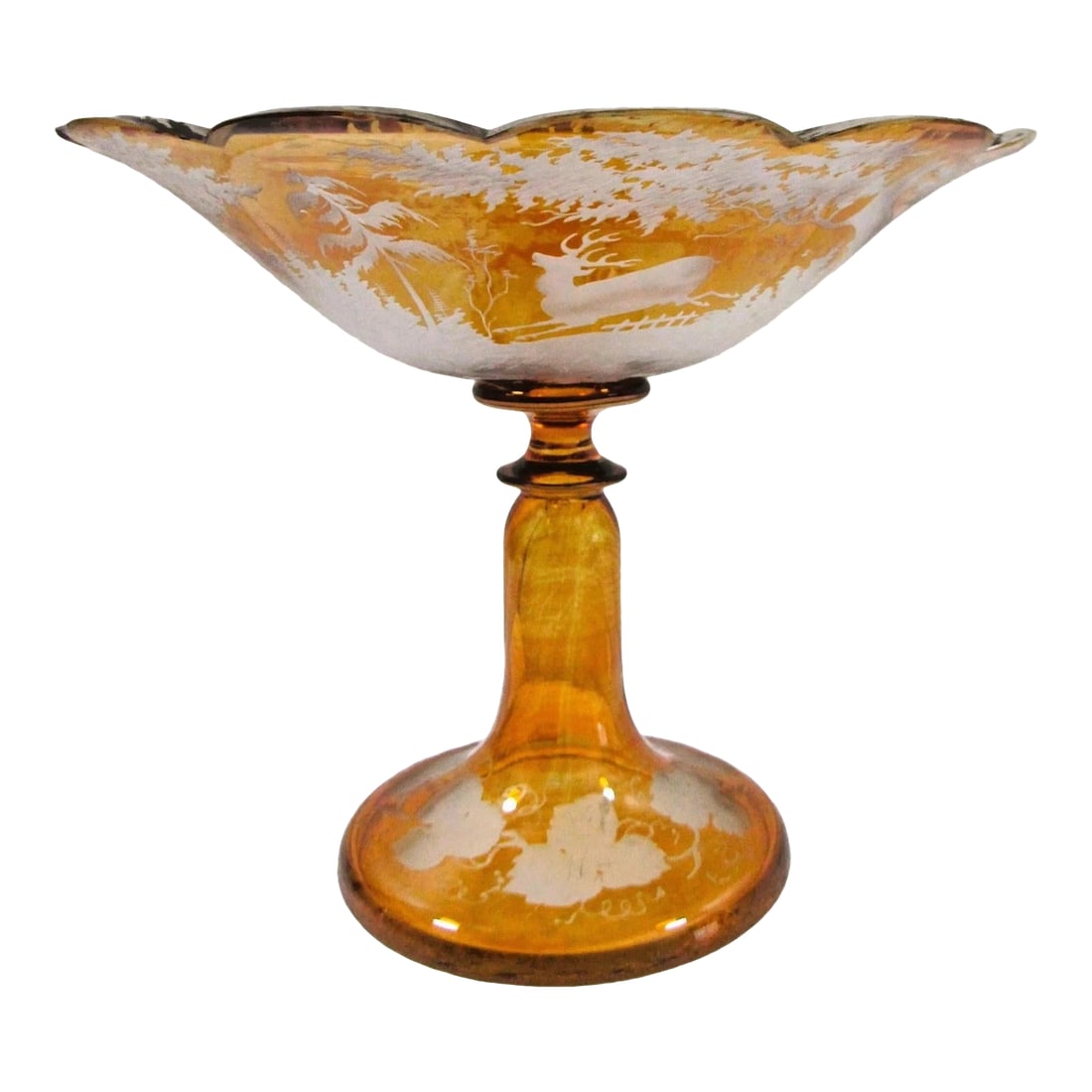 Mid 19th Century Bohemian Amber Compote Cut Crystal Engraved Country Scene of Deer (1 of 12)
