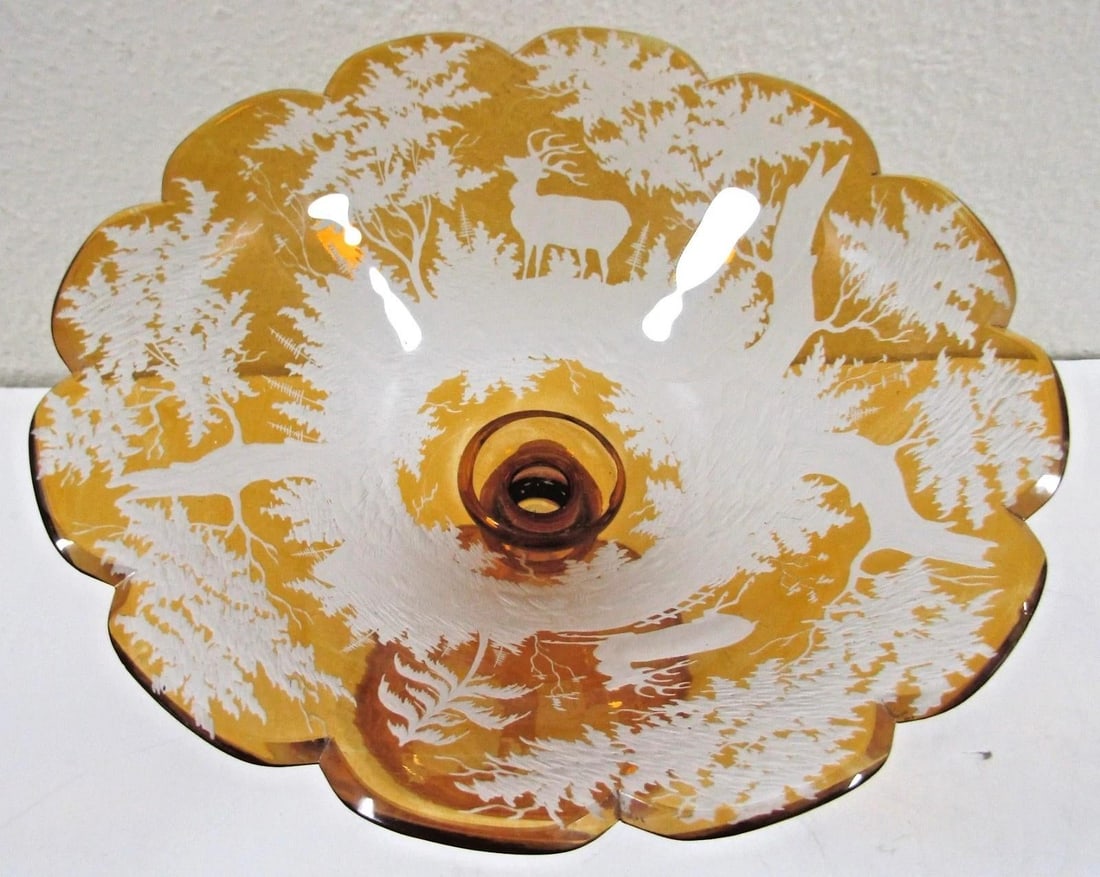 Mid 19th Century Bohemian Amber Compote Cut Crystal Engraved Country Scene of Deer - 3
