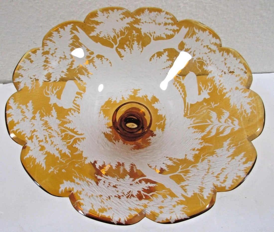 Mid 19th Century Bohemian Amber Compote Cut Crystal Engraved Country Scene of Deer - 5