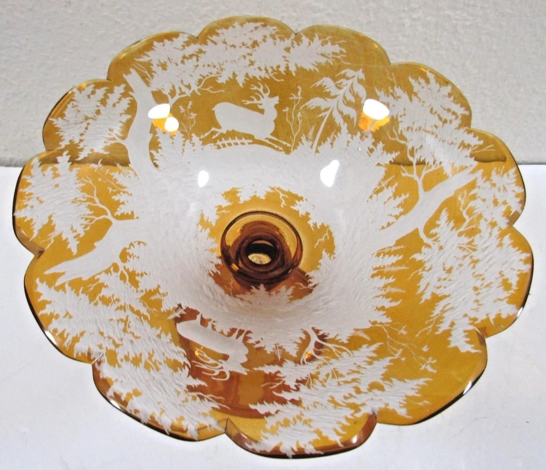 Mid 19th Century Bohemian Amber Compote Cut Crystal Engraved Country Scene of Deer - 6