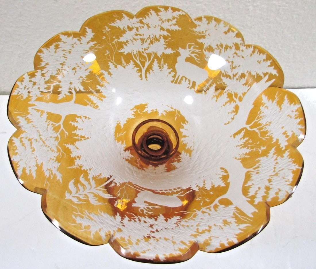 Mid 19th Century Bohemian Amber Compote Cut Crystal Engraved Country Scene of Deer - 7