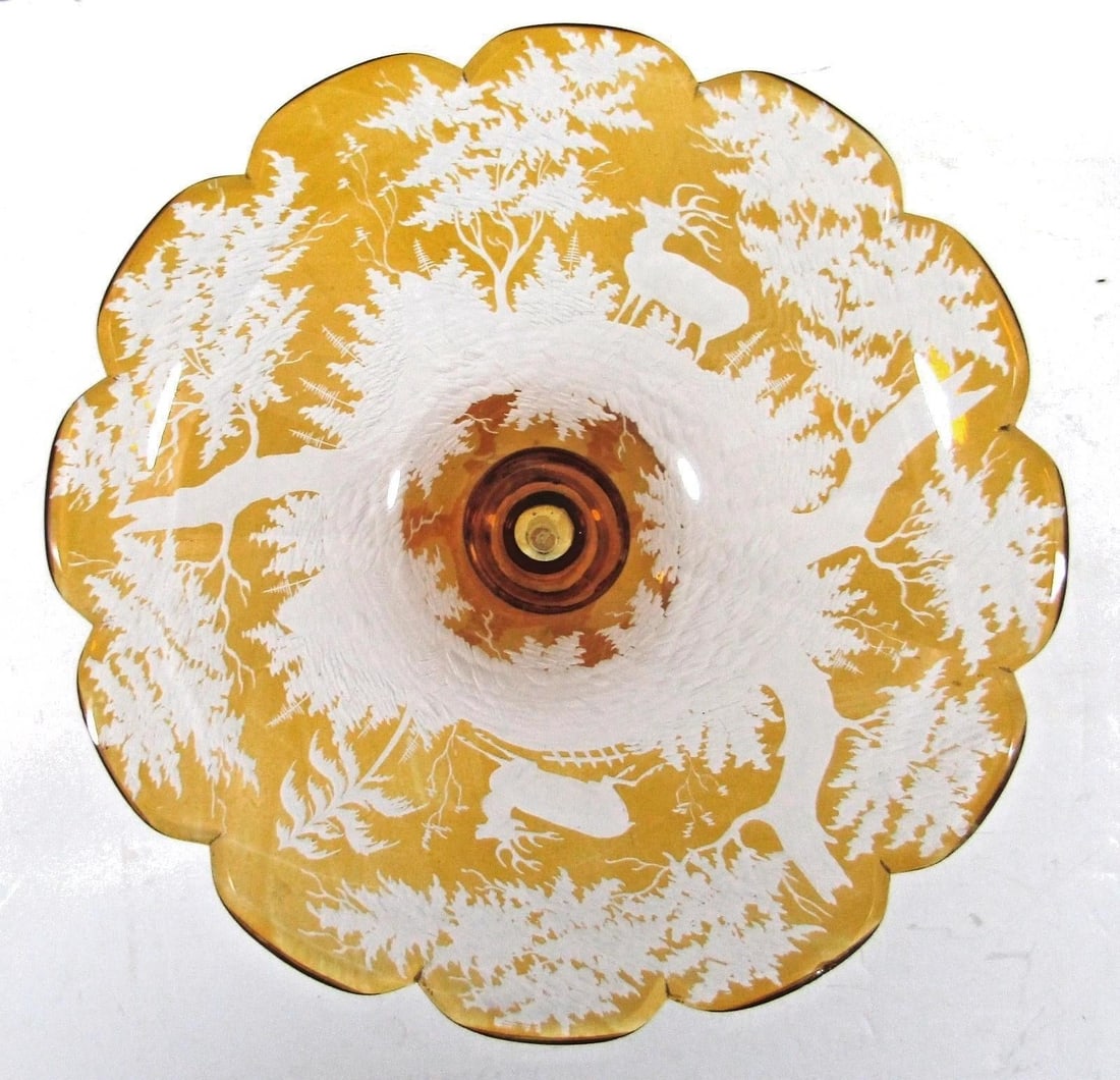 Mid 19th Century Bohemian Amber Compote Cut Crystal Engraved Country Scene of Deer - 8