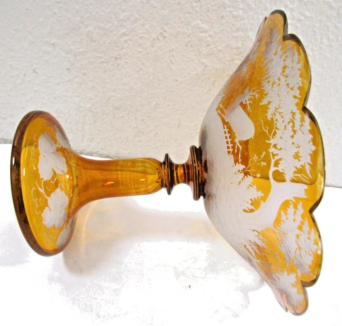 Mid 19th Century Bohemian Amber Compote Cut Crystal Engraved Country Scene of Deer - 9
