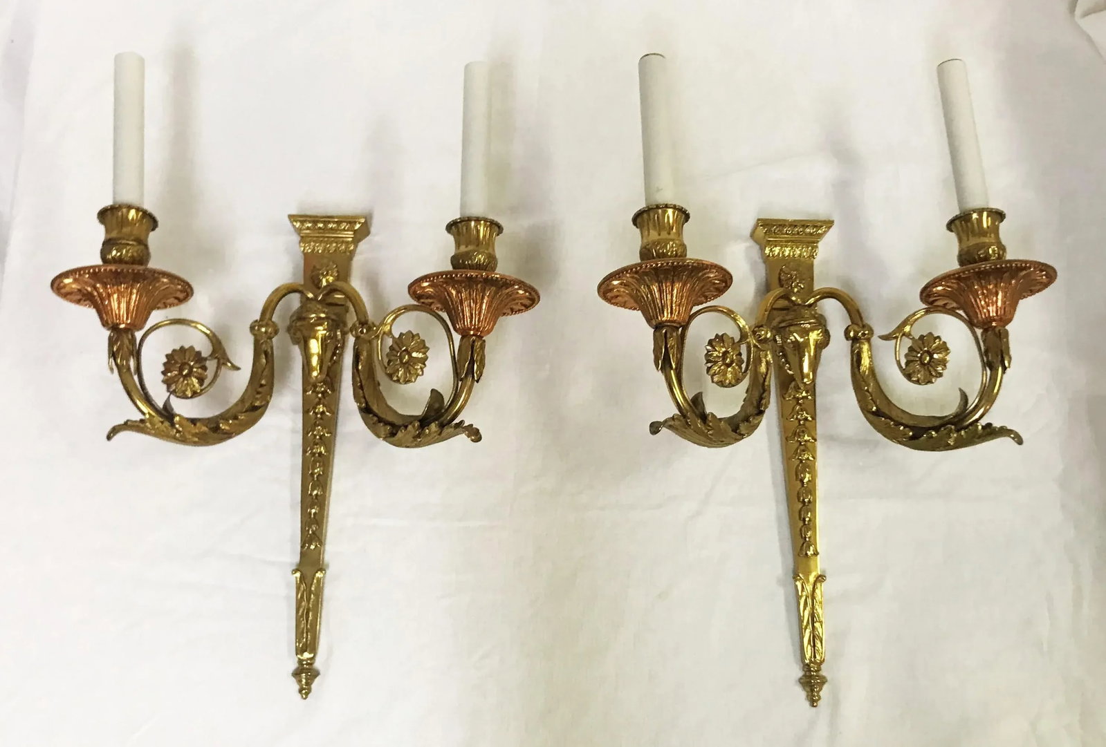 French Louis XVI Style Brass Rams Head Wall Sconces- a Pair - 13
