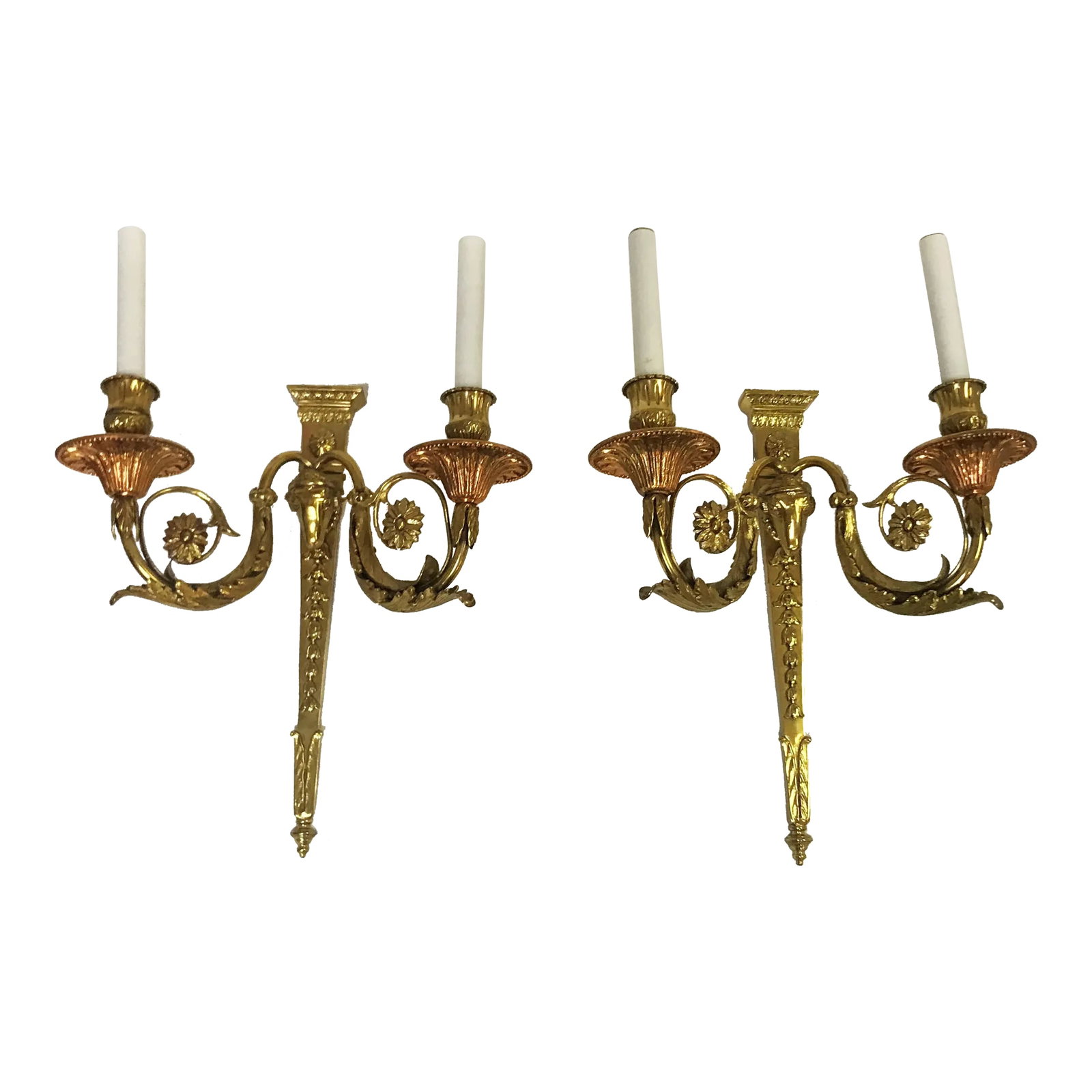 French Louis XVI Style Brass Rams Head Wall Sconces- a Pair: Statement makers! These are a beautiful pair of French Louis XVI style 2-arm wall sconces. The center section is made of solid brass, while some of the details appear to be brass over copper. You can 