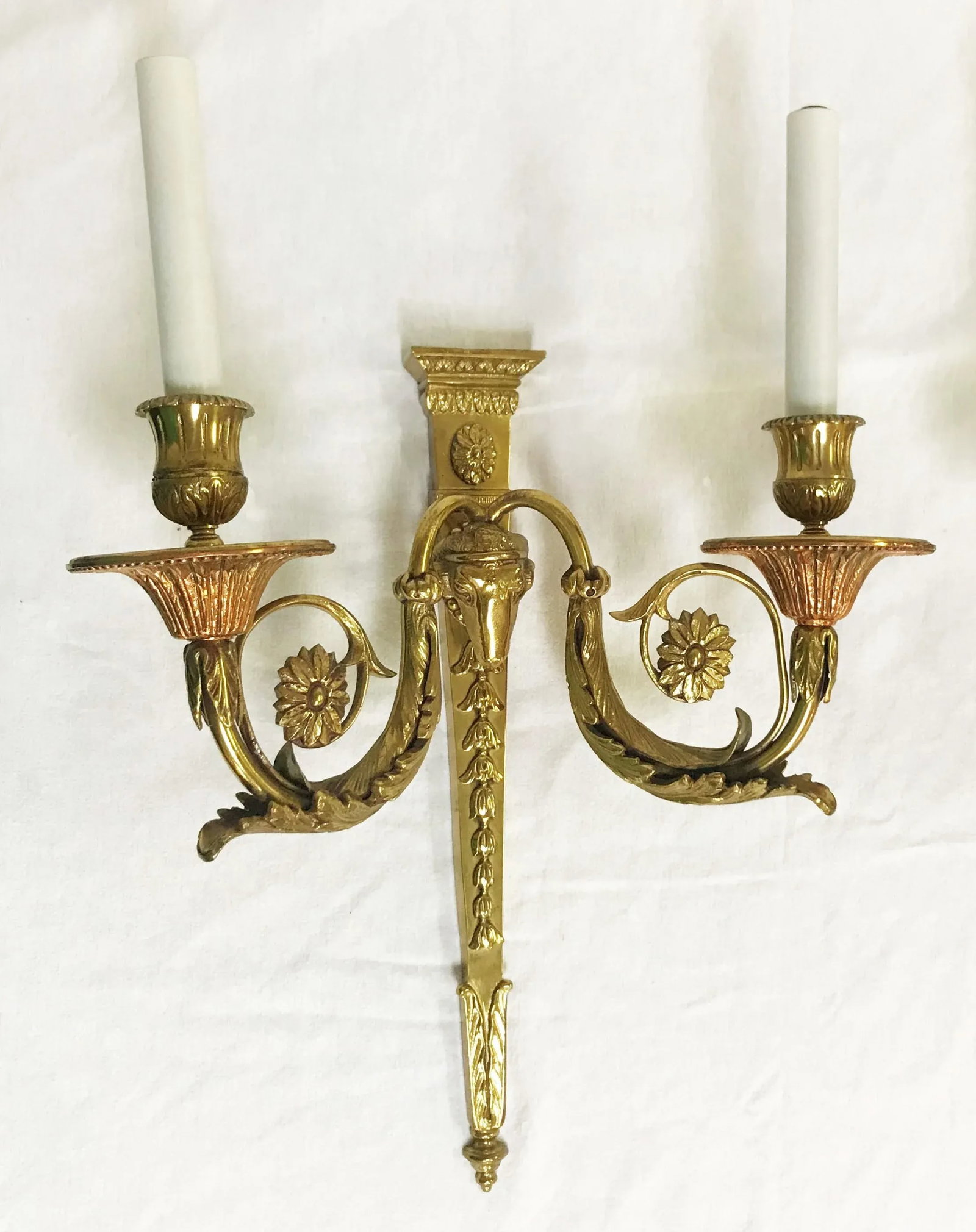 French Louis XVI Style Brass Rams Head Wall Sconces- a Pair - 2
