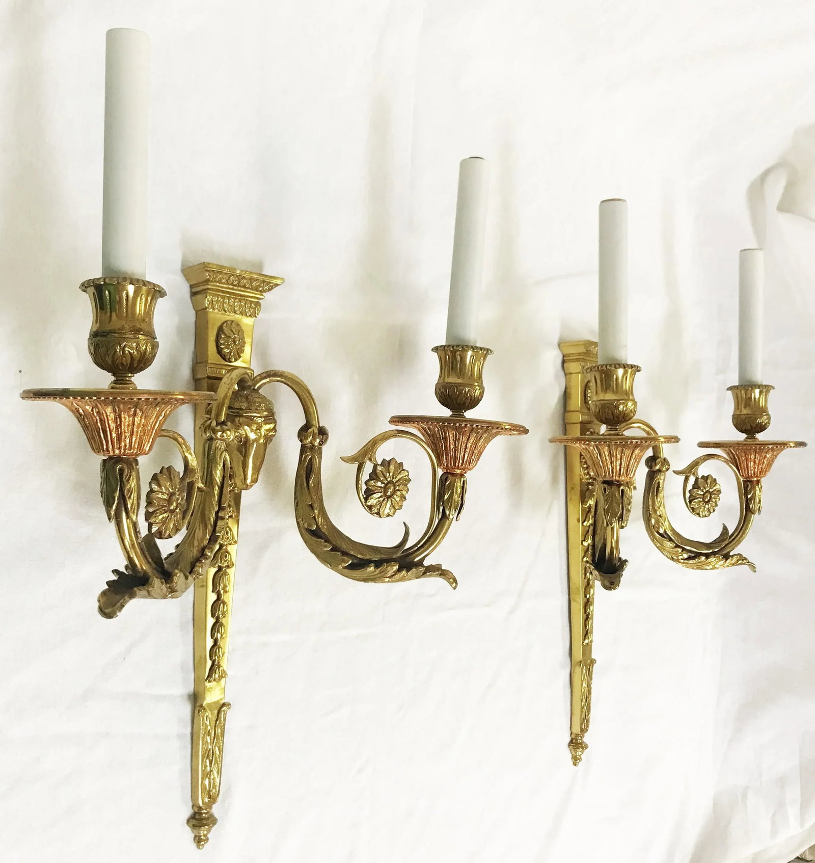 French Louis XVI Style Brass Rams Head Wall Sconces- a Pair - 4