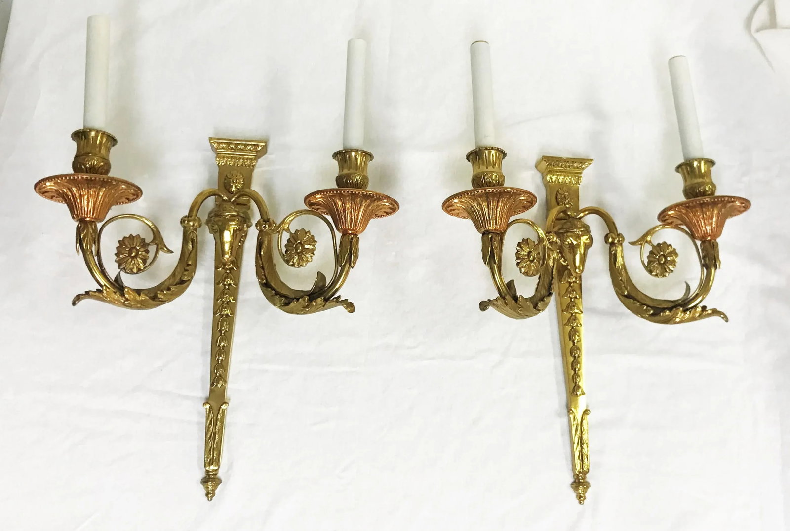 French Louis XVI Style Brass Rams Head Wall Sconces- a Pair - 6
