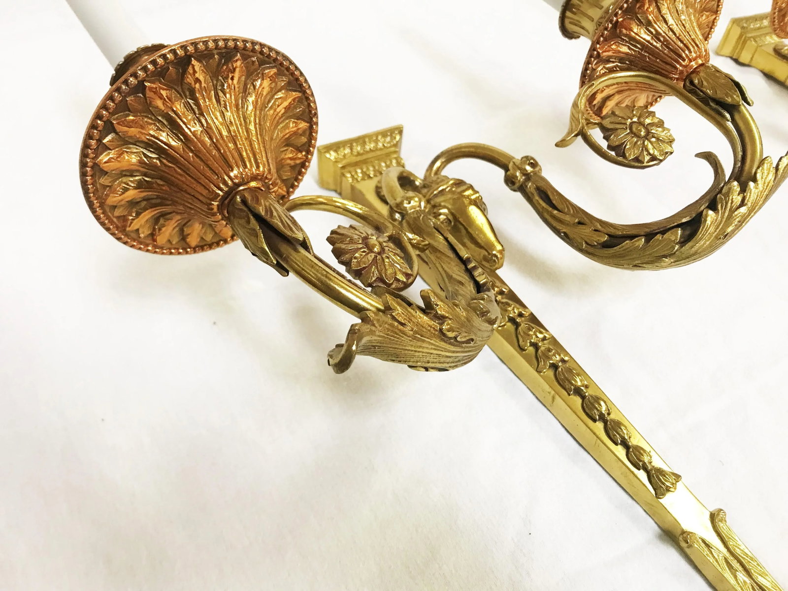 French Louis XVI Style Brass Rams Head Wall Sconces- a Pair - 8