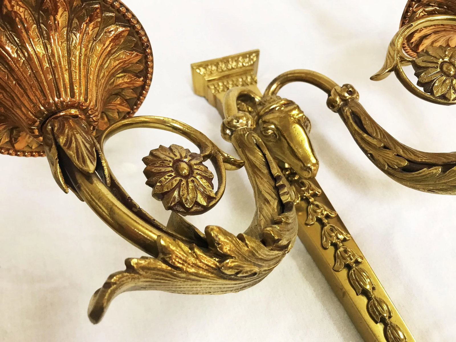 French Louis XVI Style Brass Rams Head Wall Sconces- a Pair - 9