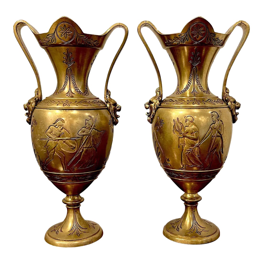 Late 19th Century Grand Tour 'Néo-Grec' Gilt Bronze Vases, Attributed, F. Barbedienne - a Pair: Pair of Grand Tour 'Néo-Grec' gilt bronze vases, Attributed, F. Barbedienne Each one with typical all over decoration, with applied handles with lion masks. Unmarked. Each vase stands 11-inches