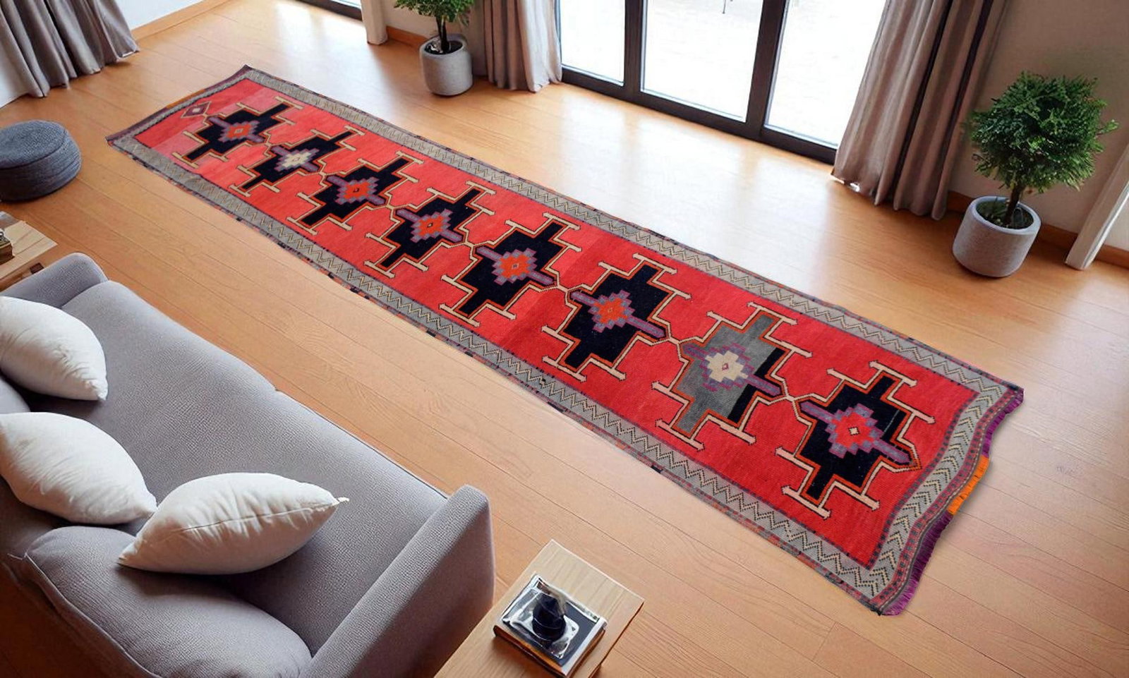 Hand-Knotted Turkish Rug Low Pile Tribal Runner Rug - 3' X 13' - 2