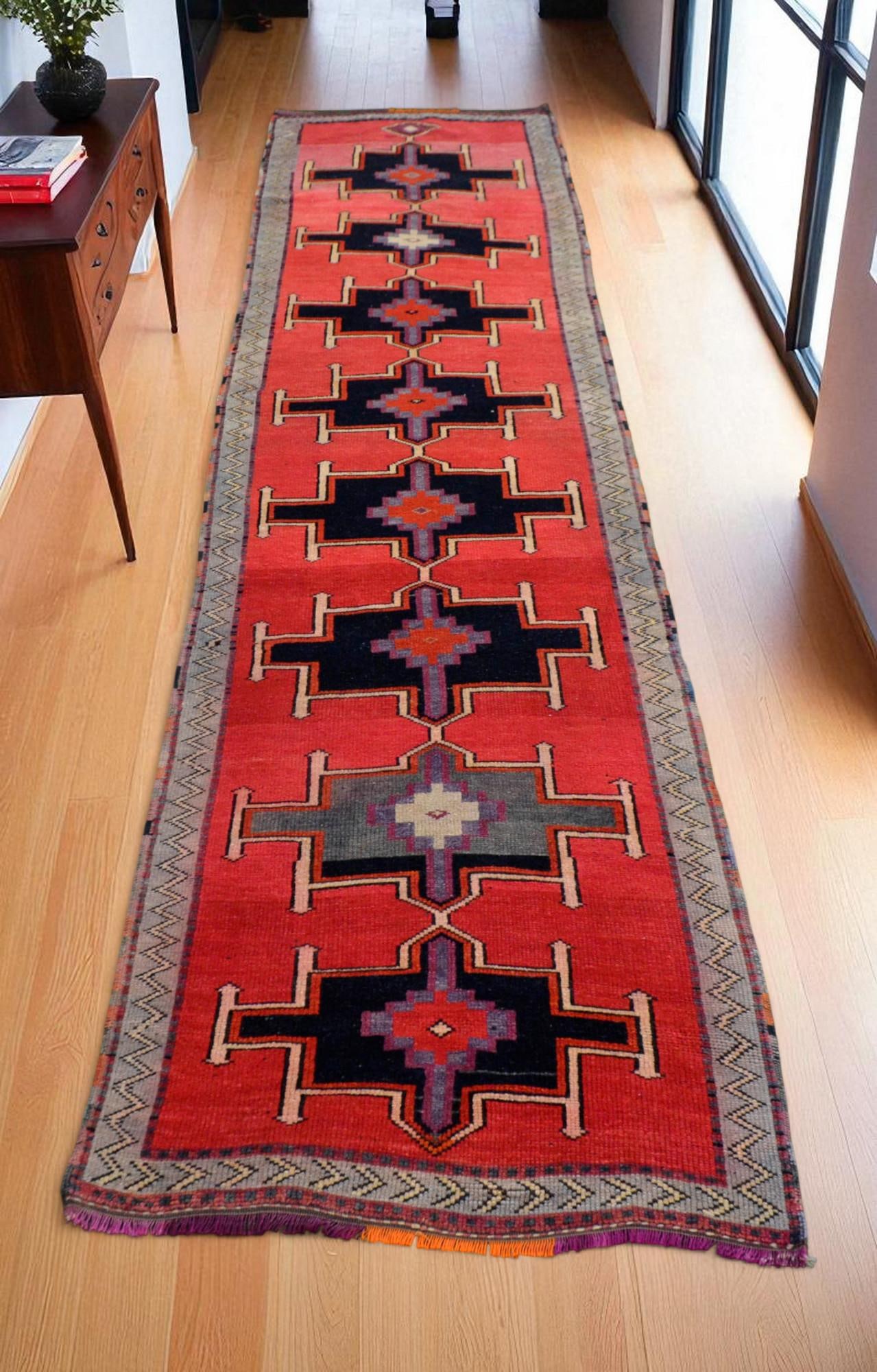 Hand-Knotted Turkish Rug Low Pile Tribal Runner Rug - 3' X 13' - 3