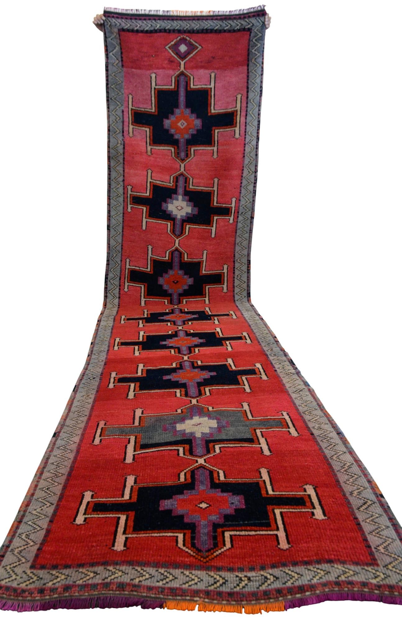 Hand-Knotted Turkish Rug Low Pile Tribal Runner Rug - 3' X 13' - 5
