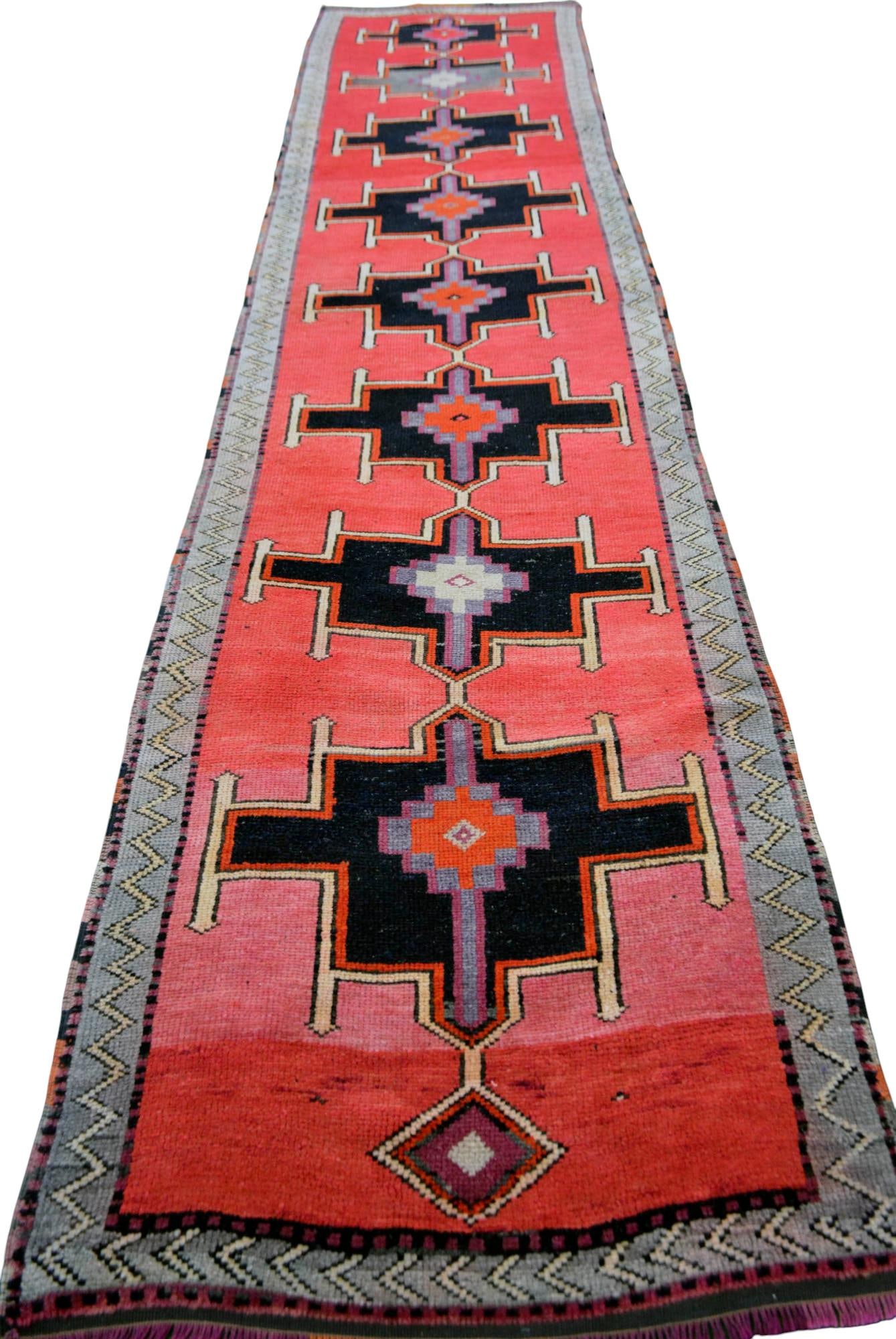 Hand-Knotted Turkish Rug Low Pile Tribal Runner Rug - 3' X 13' - 7