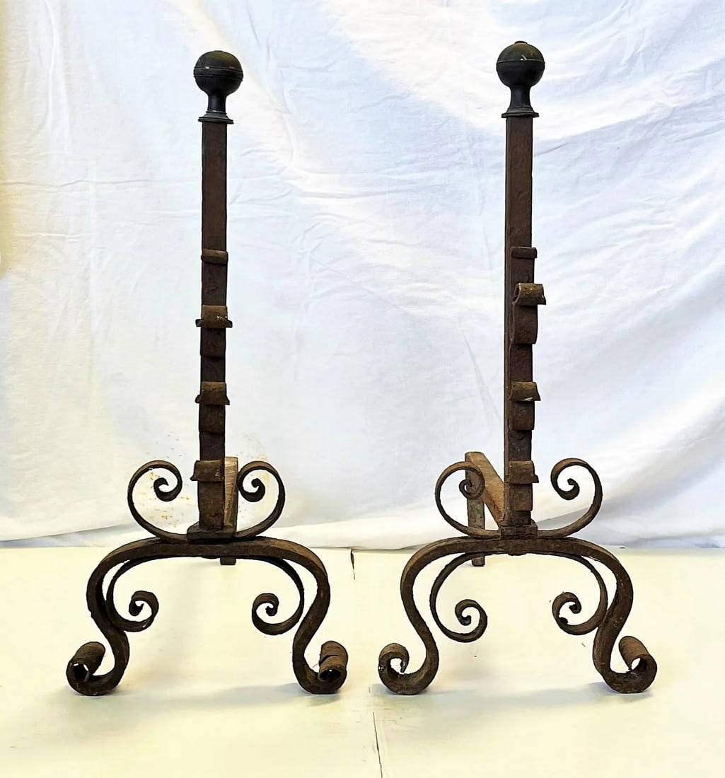 Early 1900's Mizner Hand Forged Wrought Iron Andirons- a Pair - 11