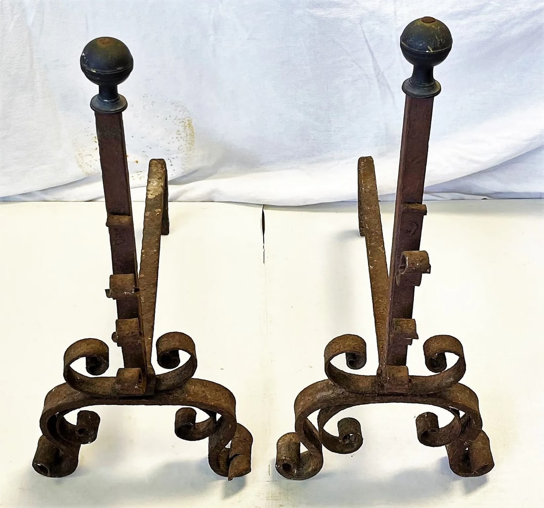 Early 1900's Mizner Hand Forged Wrought Iron Andirons- a Pair - 2