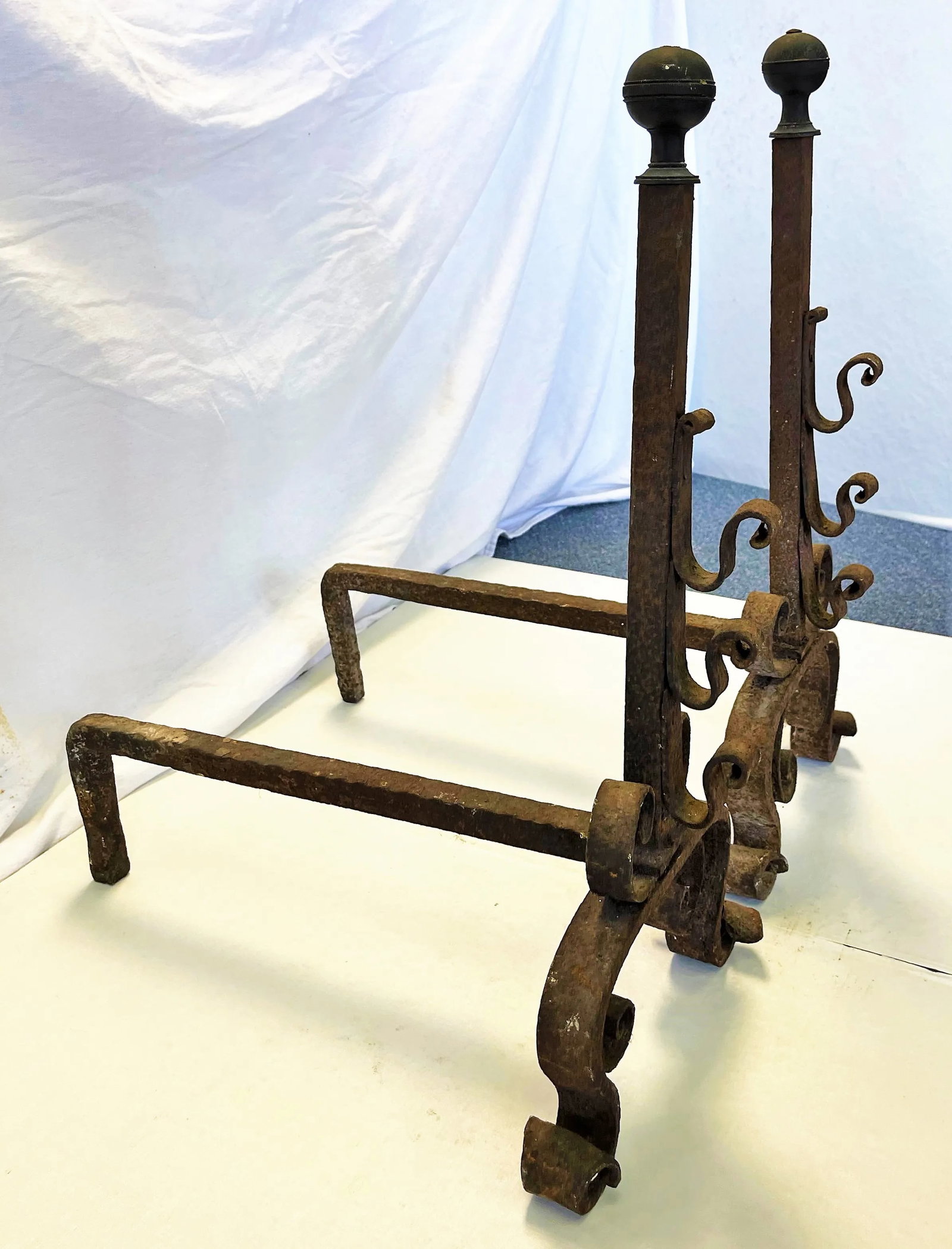 Early 1900's Mizner Hand Forged Wrought Iron Andirons- a Pair - 4