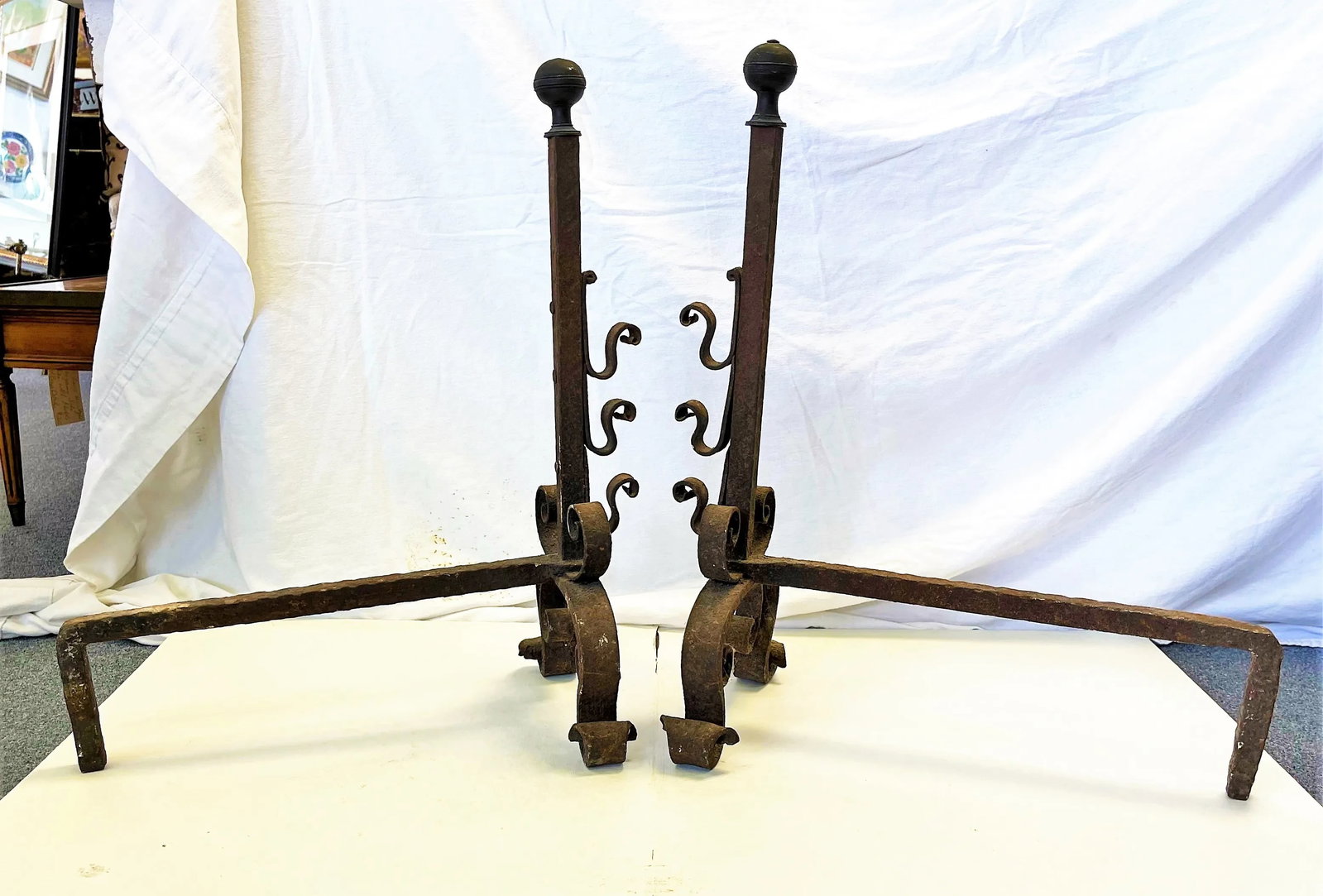 Early 1900's Mizner Hand Forged Wrought Iron Andirons- a Pair - 5