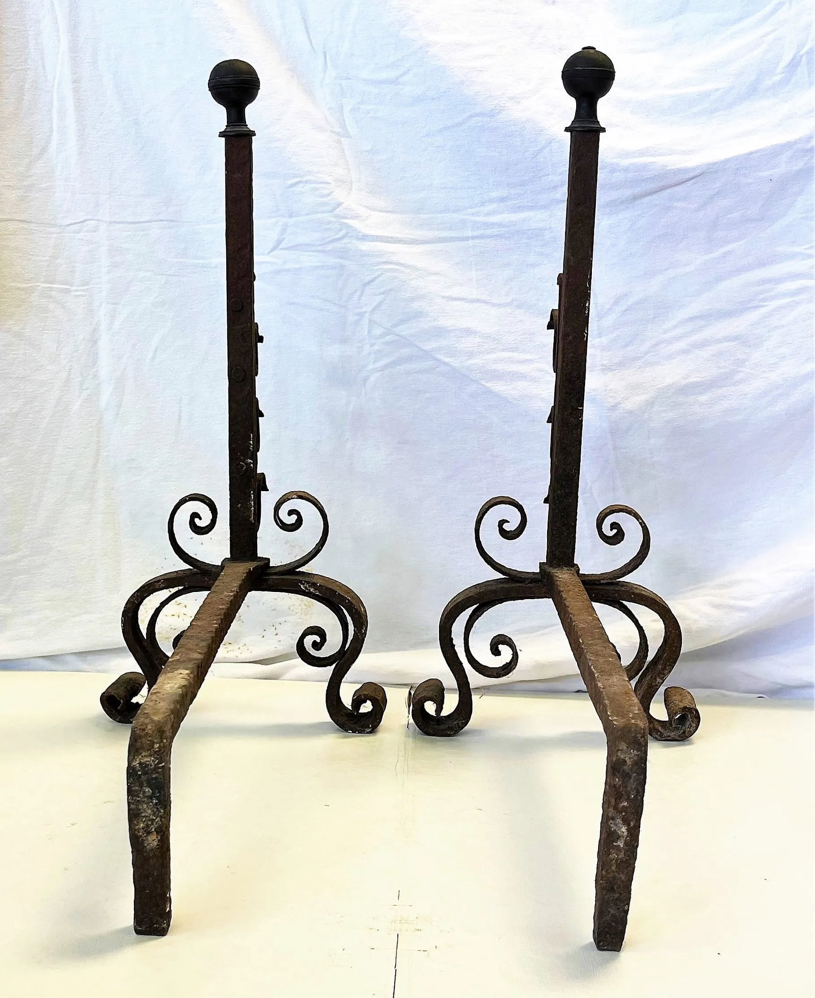 Early 1900's Mizner Hand Forged Wrought Iron Andirons- a Pair - 8