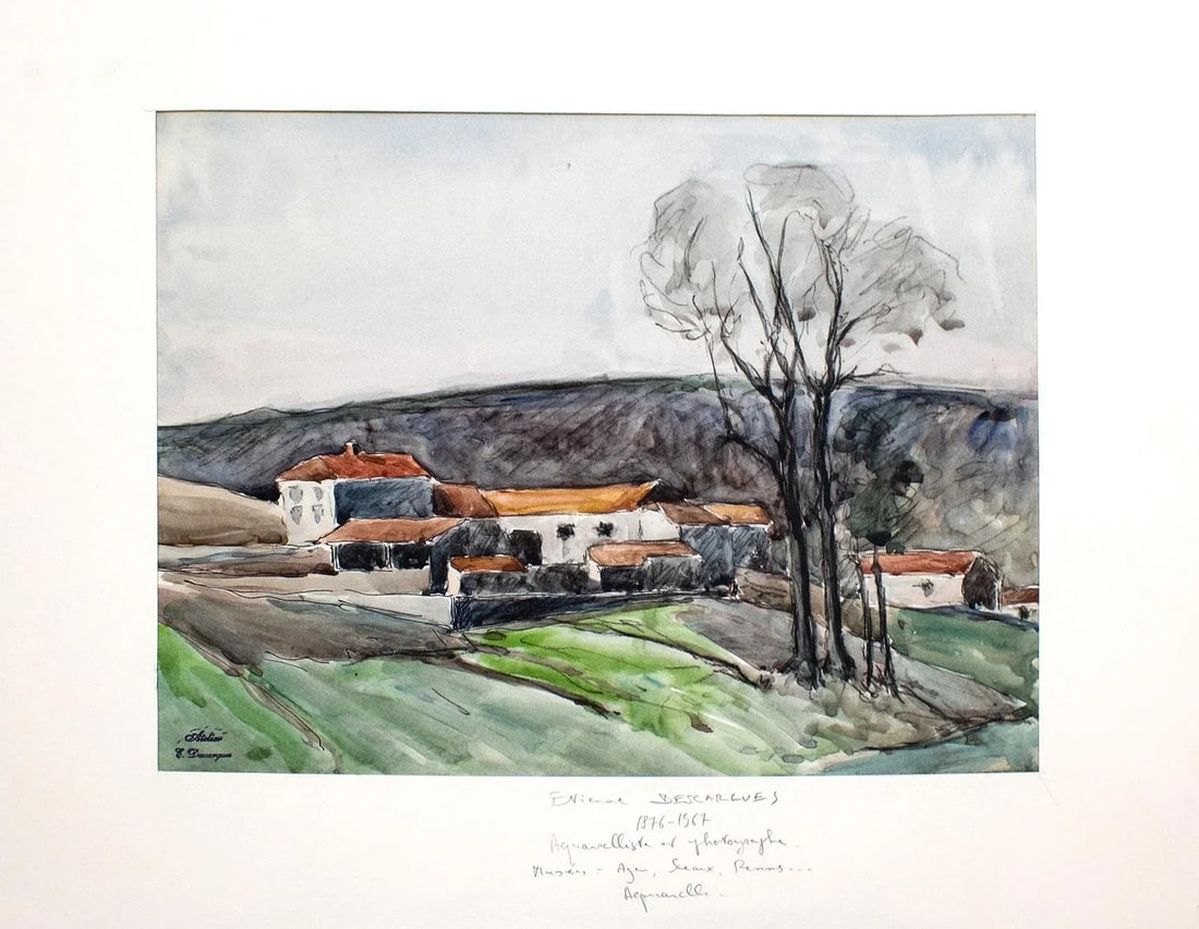 Mid 20th Century "Aquarelle" Expressionist Landscape Naturalistic Aquarelle Watercolor Painting on P - 12