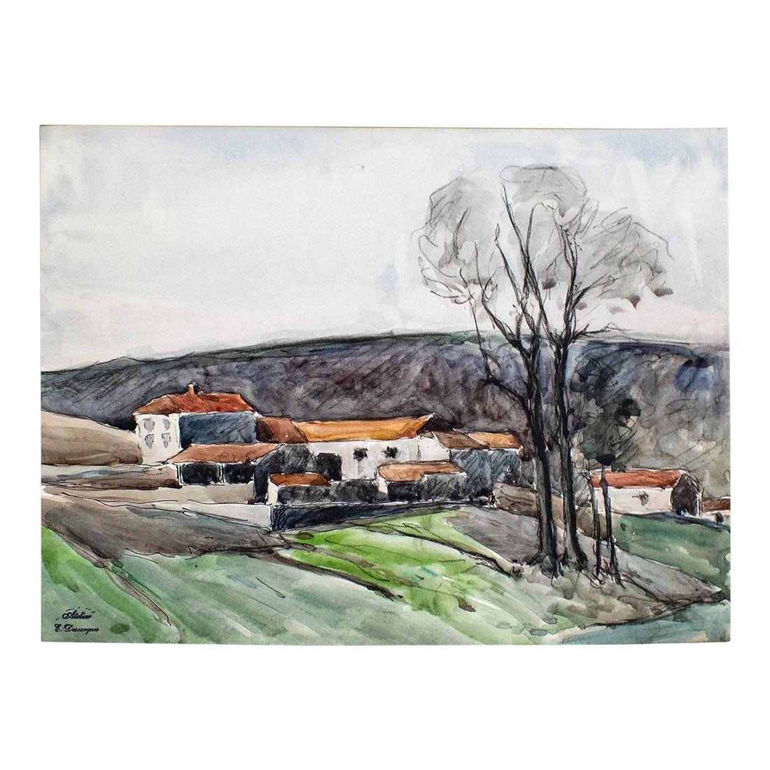 Mid 20th Century "Aquarelle" Expressionist Landscape Naturalistic Aquarelle Watercolor Painting on P: Etienne Descargues is a french watercolor artist born in 1876 and died in 1967. Most of their art is focused on the amazing landscapes and architecture of 20th century France. The drawing "Aquarelle"